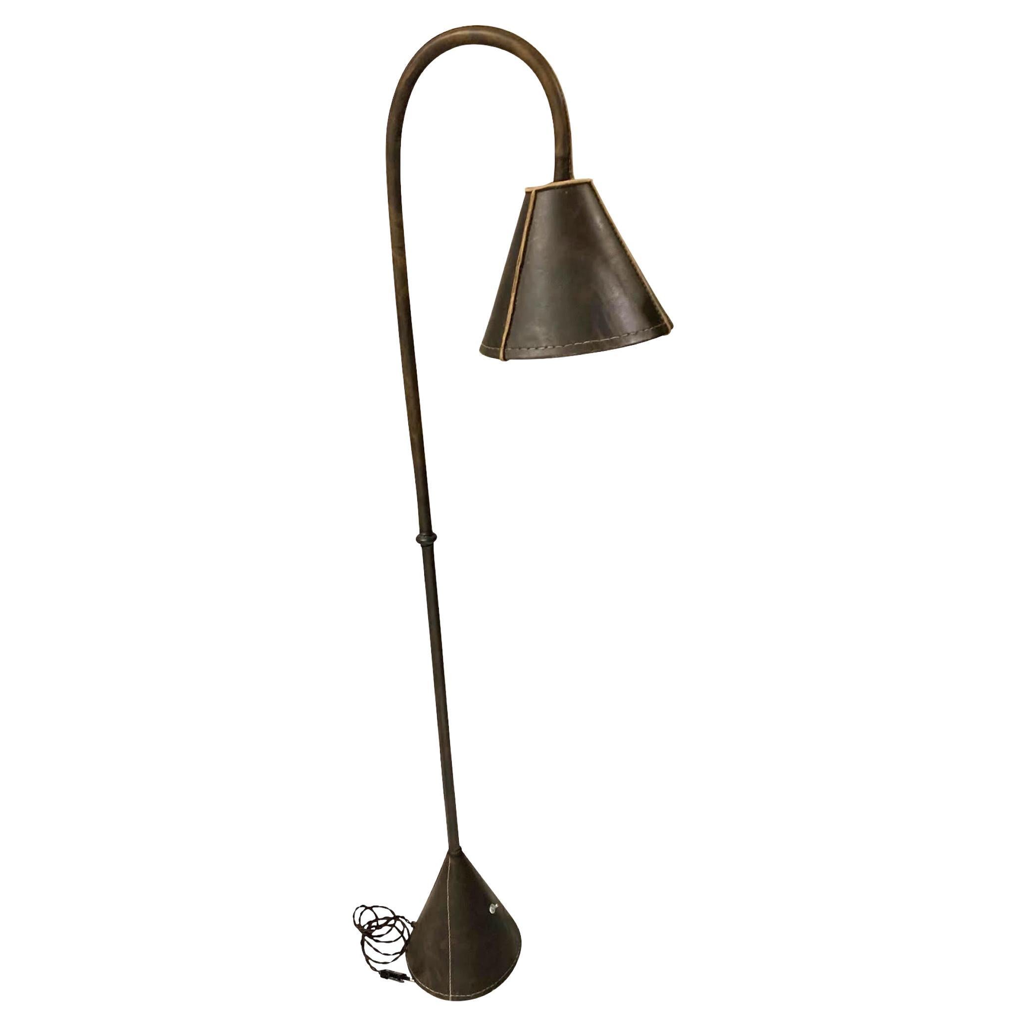 Brown All Leather Floor Lamp By Valenti, Spain, Mid Century For Sale