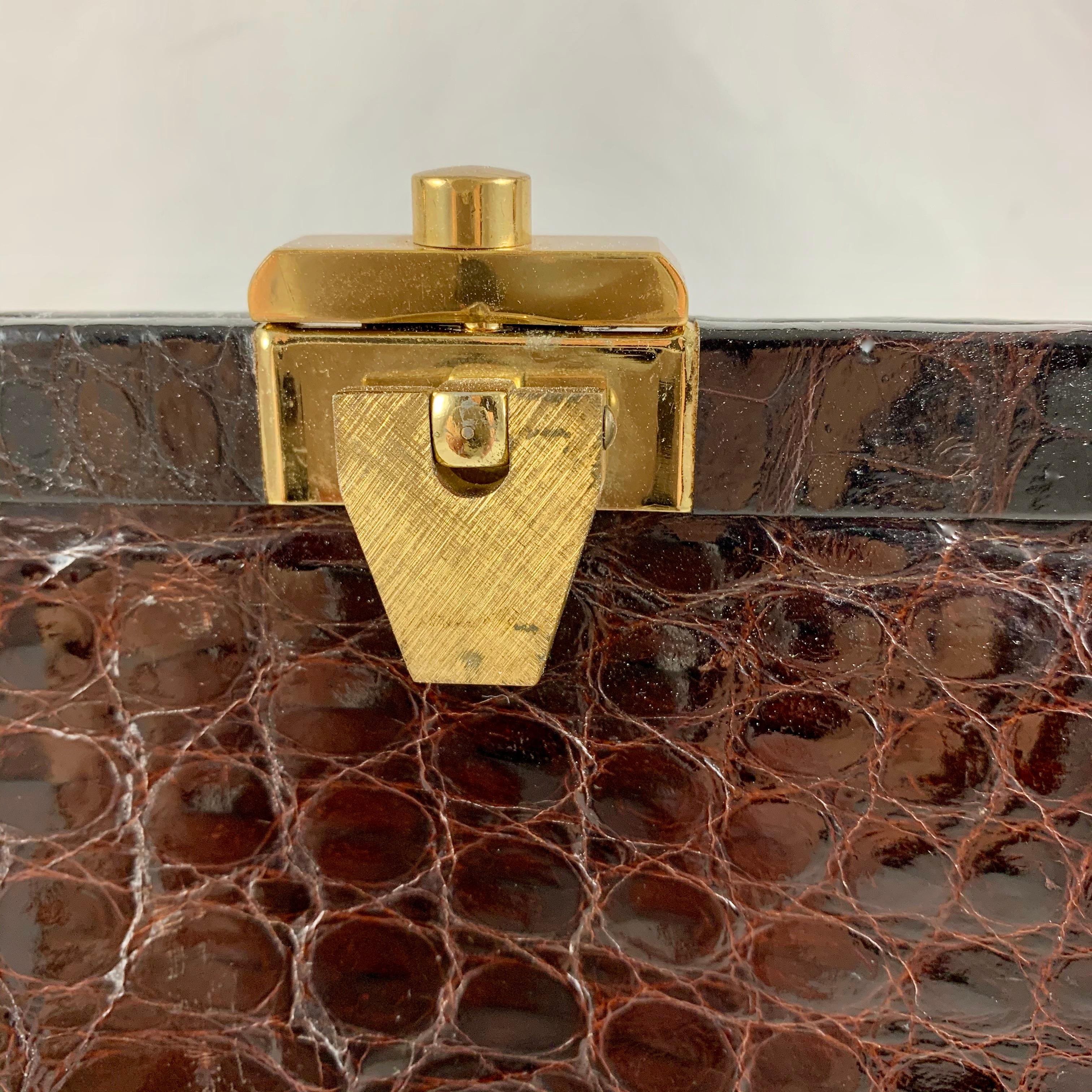 Brass Brown Alligator Structured Ladies Handbag & Coin Purse, Bellestone, NYC