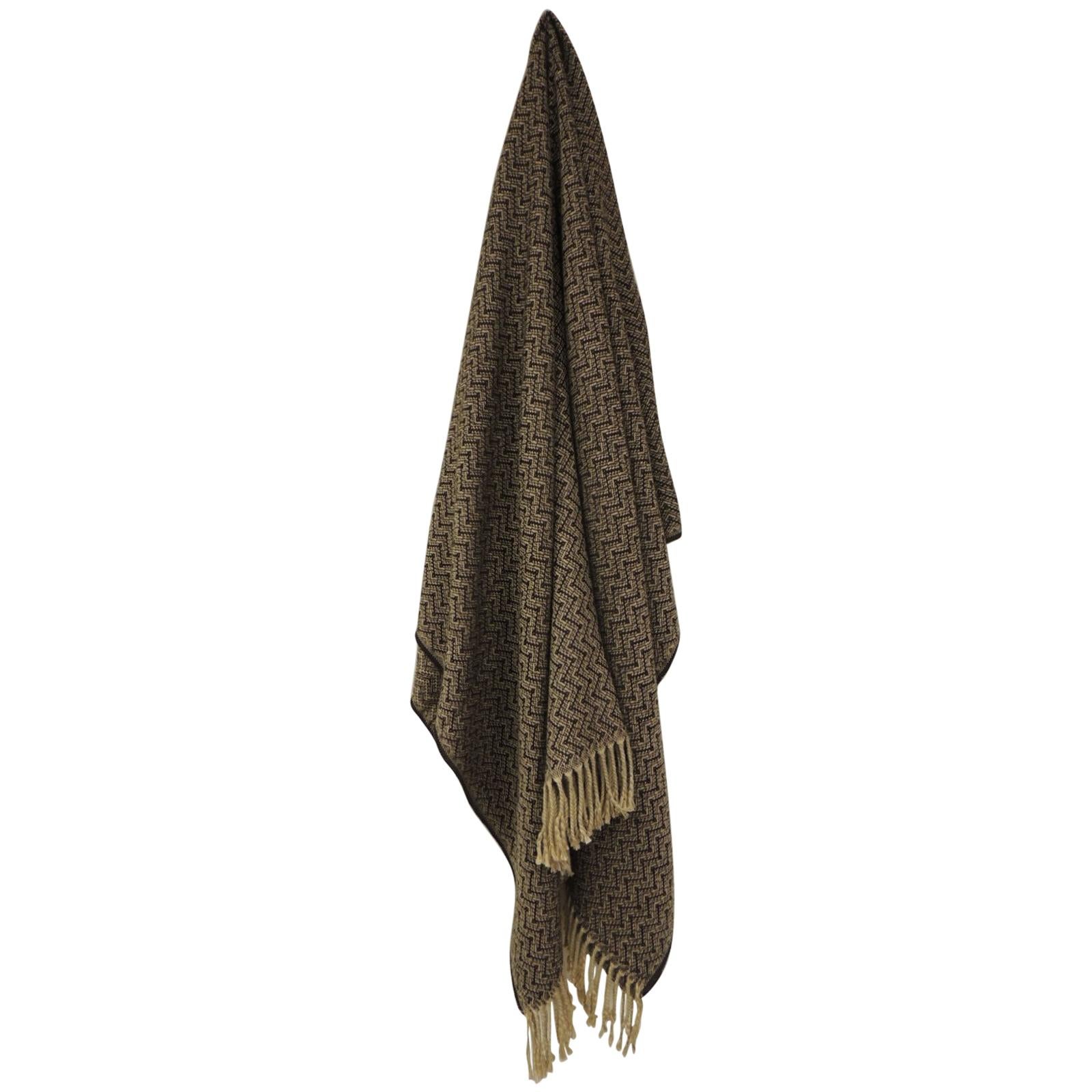 Brown and Beige Chevron Pattern Alpaca Throw with Fringes