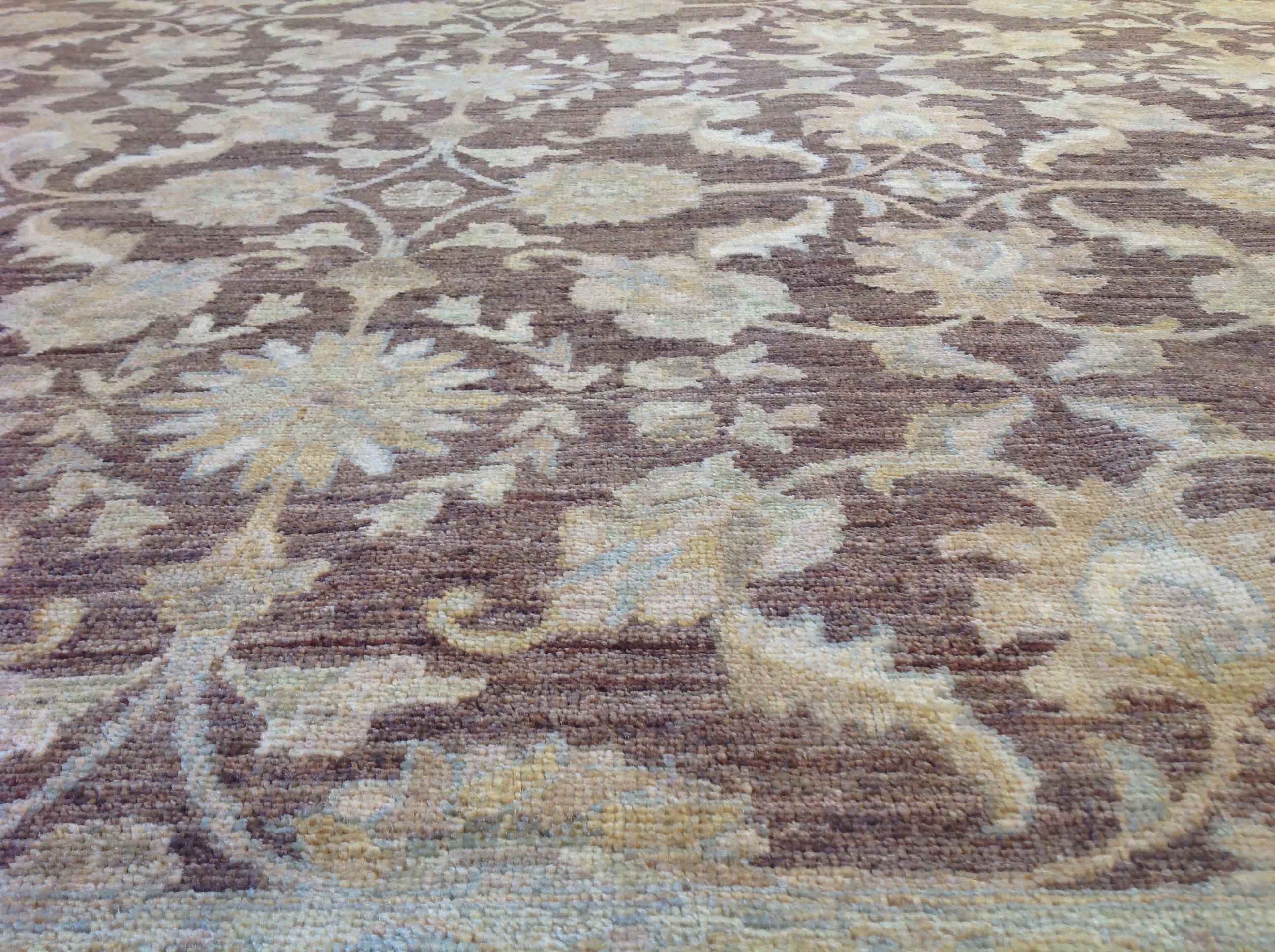 Pakistani Brown and Beige Floral Wool Area Rug For Sale