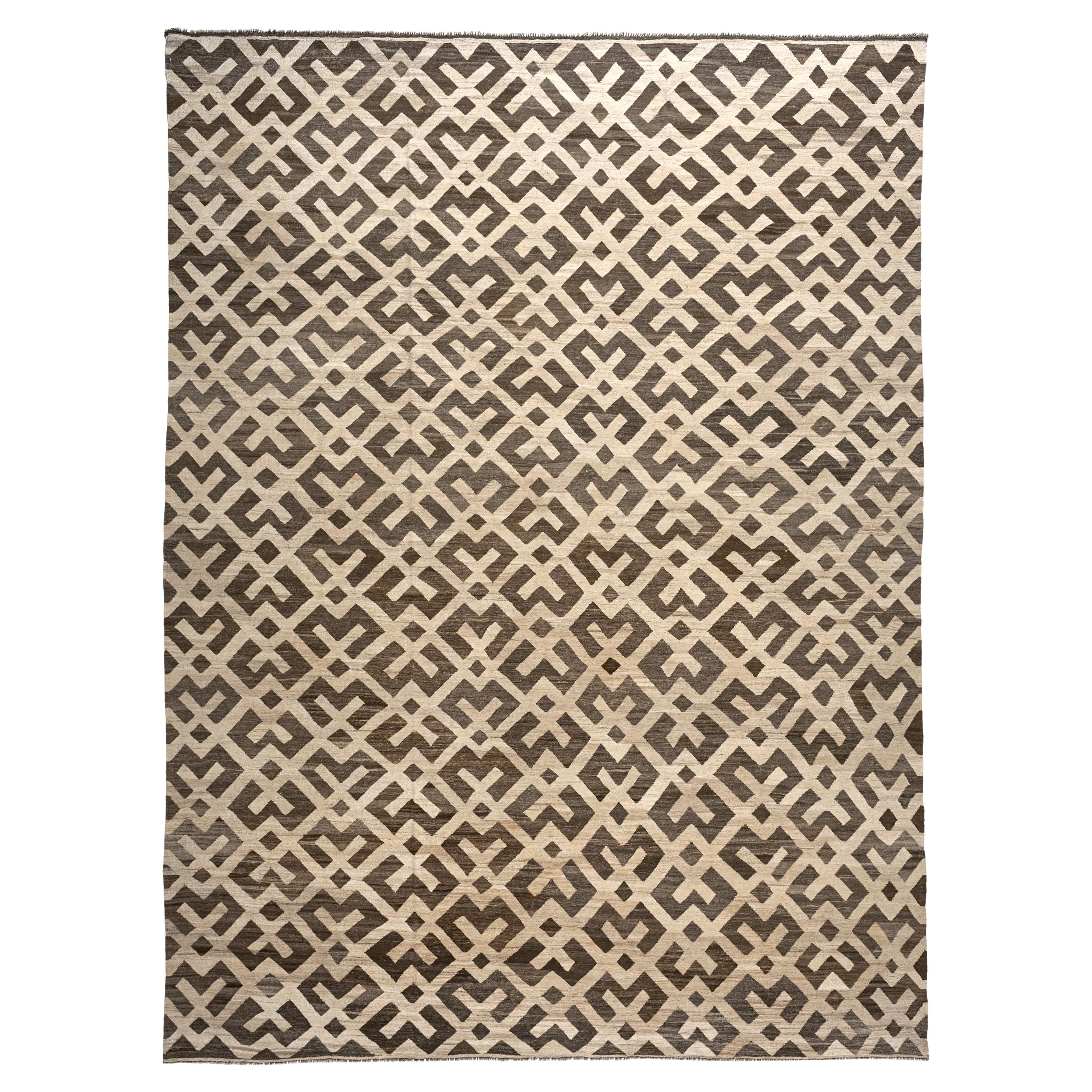 Brown and Beige Hand-Woven Kilim Area Rug 10x14
