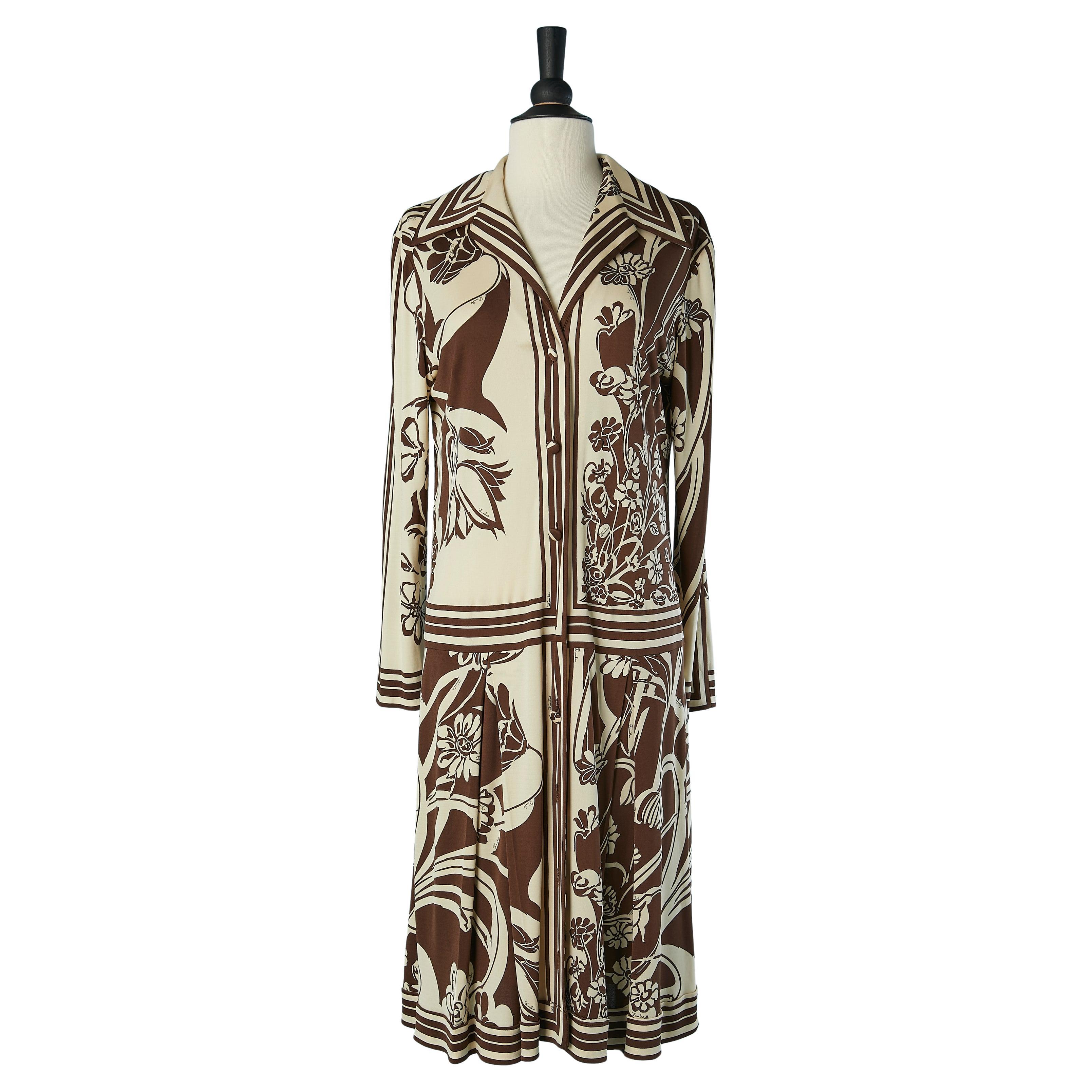 Braunes und beiges Tageskleid aus bedrucktem Seidenjersey EMILIO PUCCI im Angebot