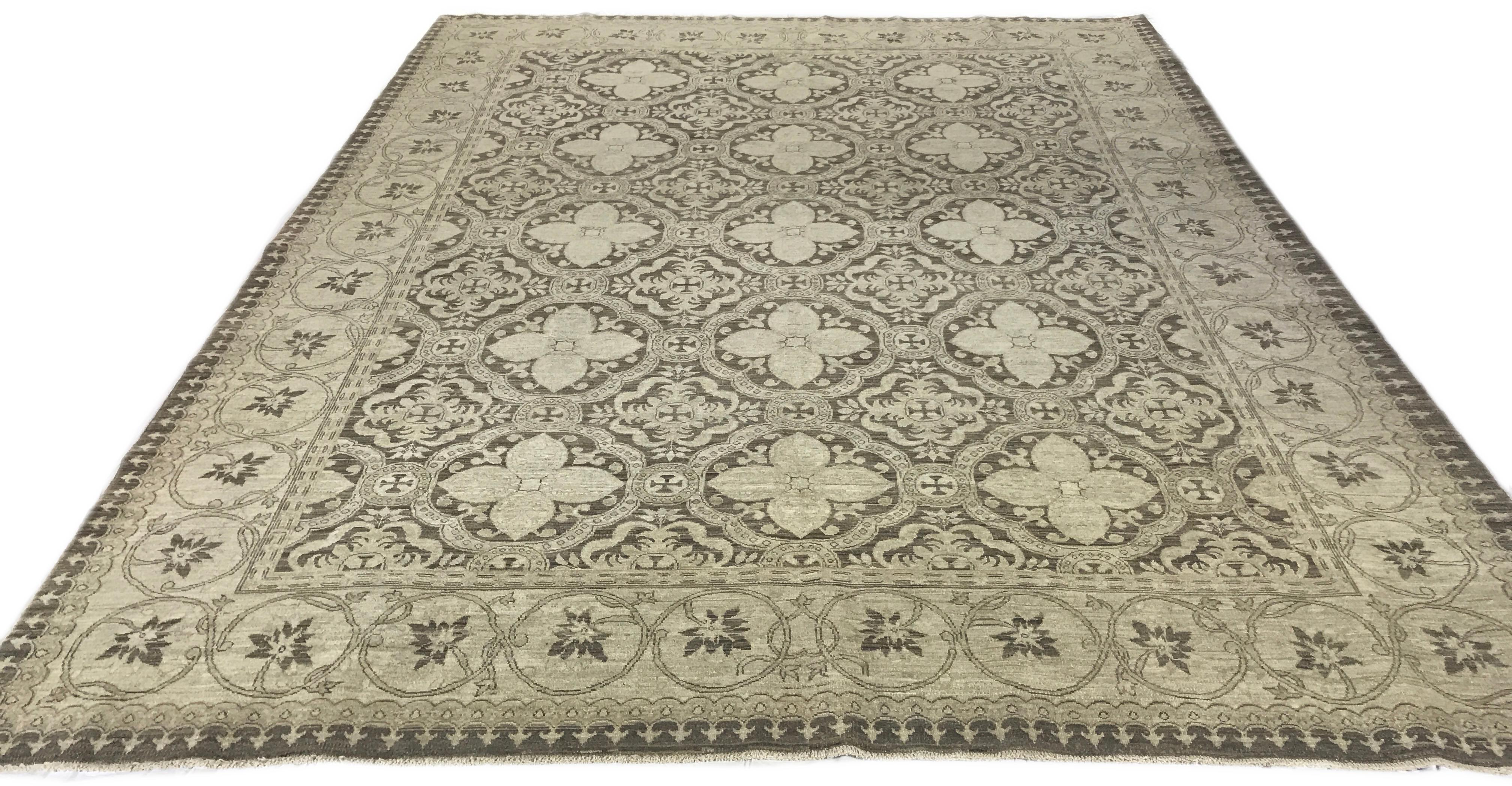 Brown and beige traditional hand knotted wool rug, 8'3