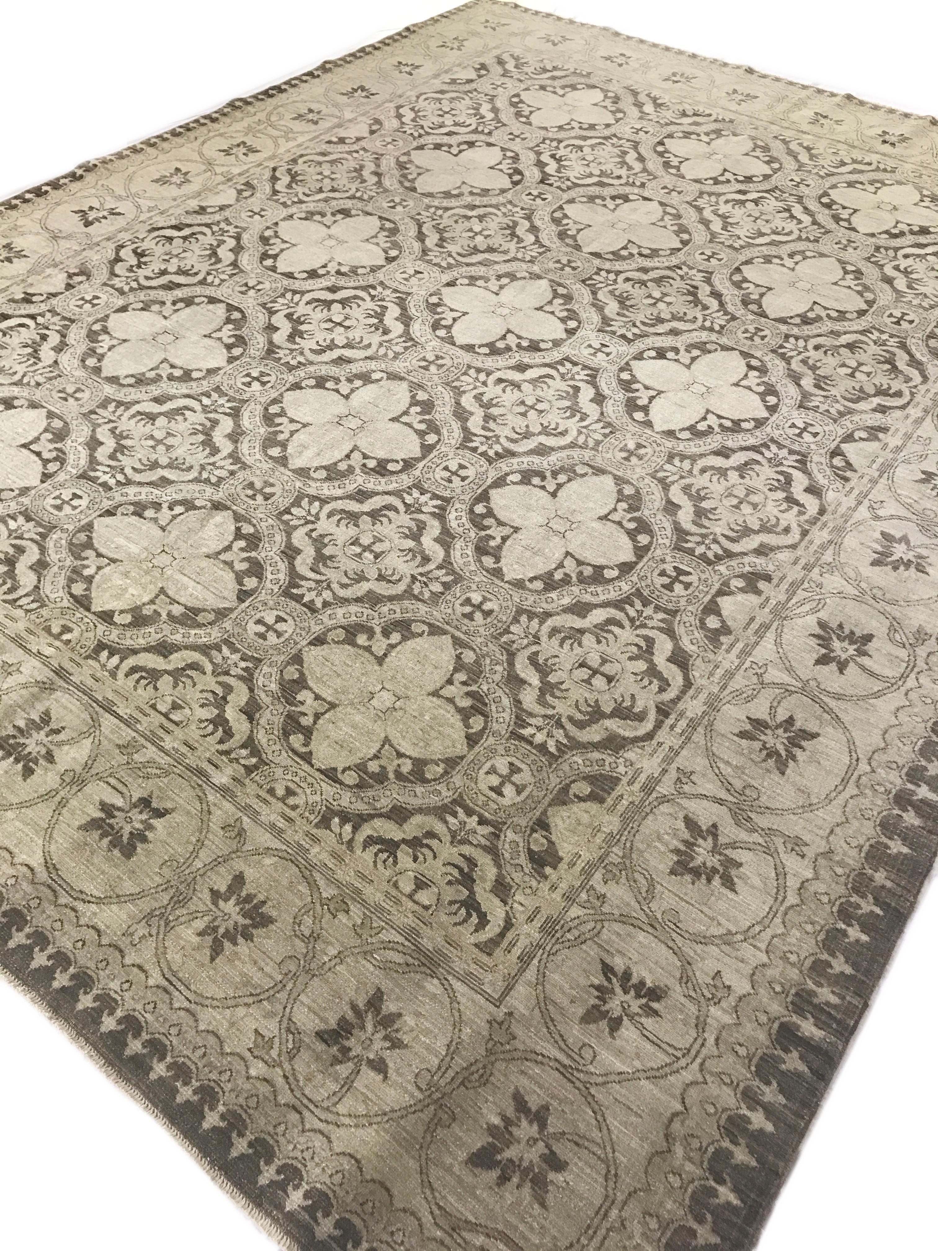 Pakistani Brown and Beige Traditional Hand-Knotted Wool Rug For Sale