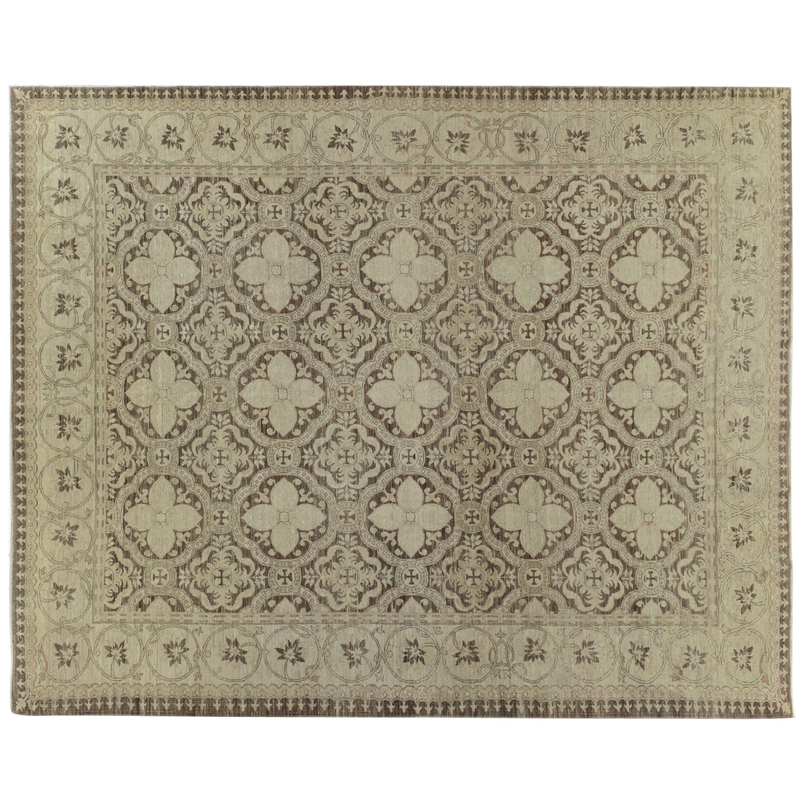 Brown and Beige Traditional Hand-Knotted Wool Rug For Sale