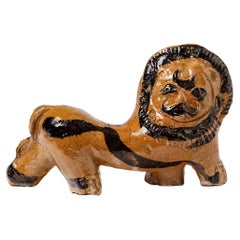 Brown and Black Ceramic Lion Sculpture circa 1960 Style of Guidette Carbonell