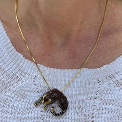Brown and Black Enamel 14 Karat Yellow Gold Leopard Pendant Snake Chain