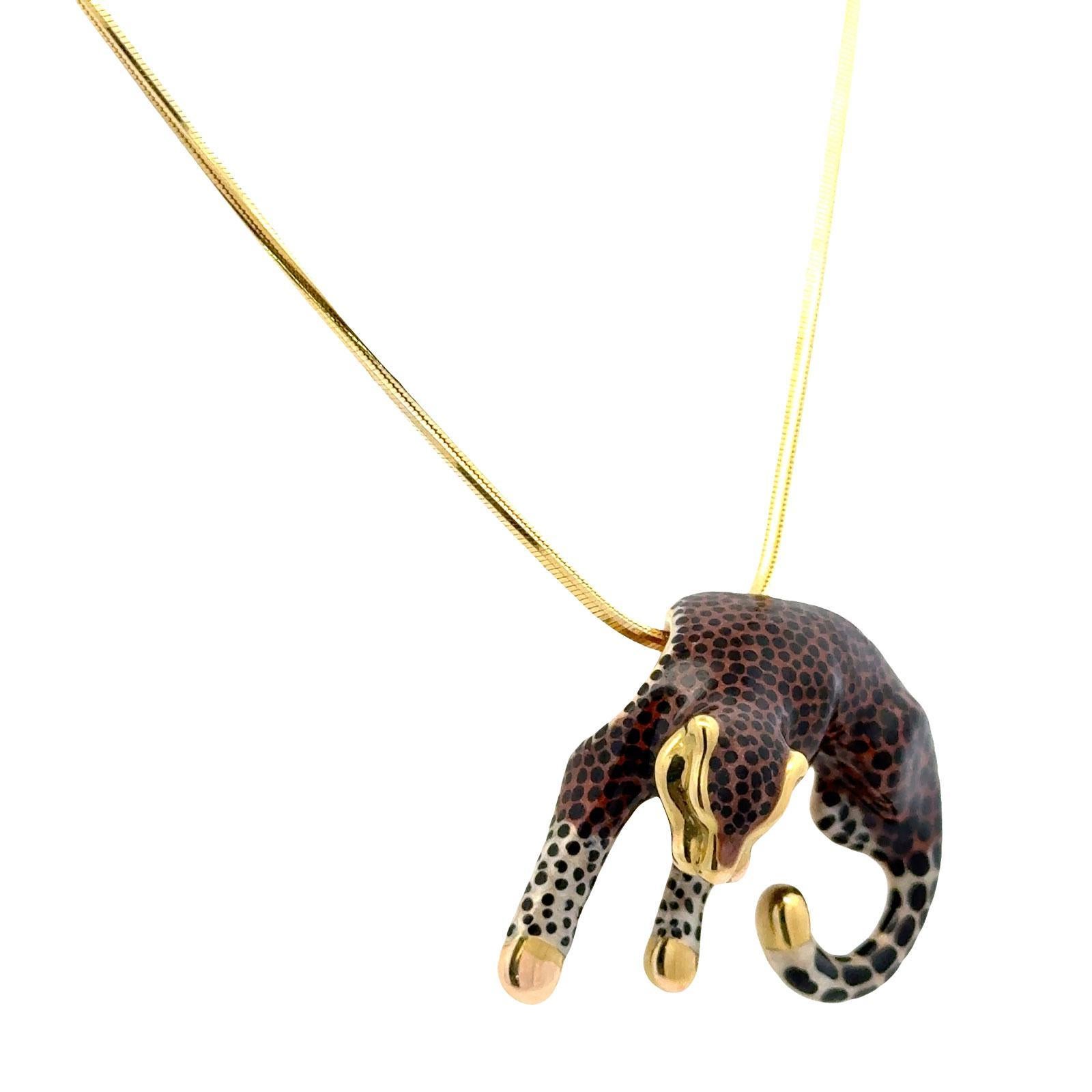 Contemporary Brown and Black Enamel 14 Karat Yellow Gold Leopard Pendant Snake Chain For Sale