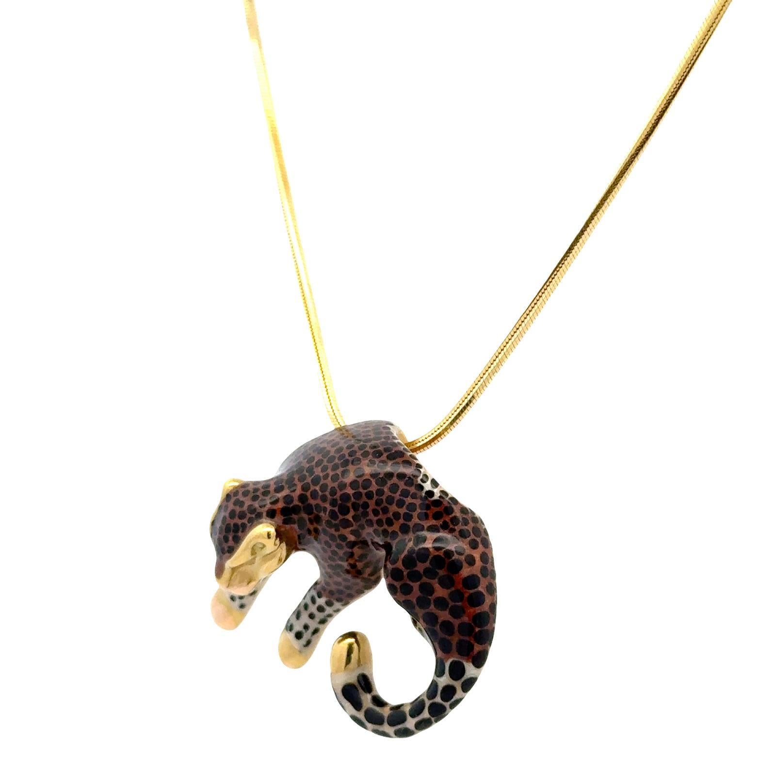 Women's Brown and Black Enamel 14 Karat Yellow Gold Leopard Pendant Snake Chain For Sale