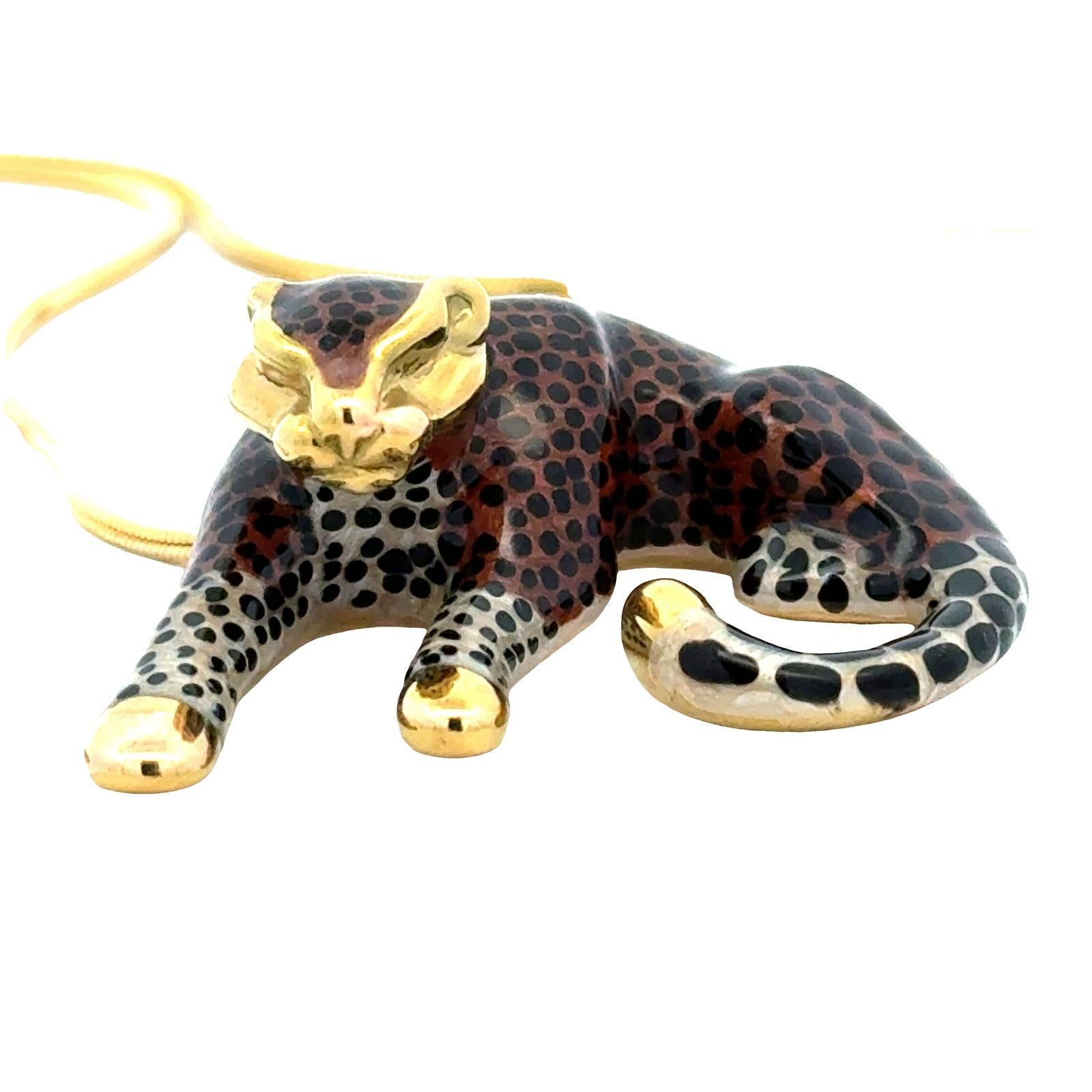 Brown and Black Enamel 14 Karat Yellow Gold Leopard Pendant Snake Chain For Sale 1