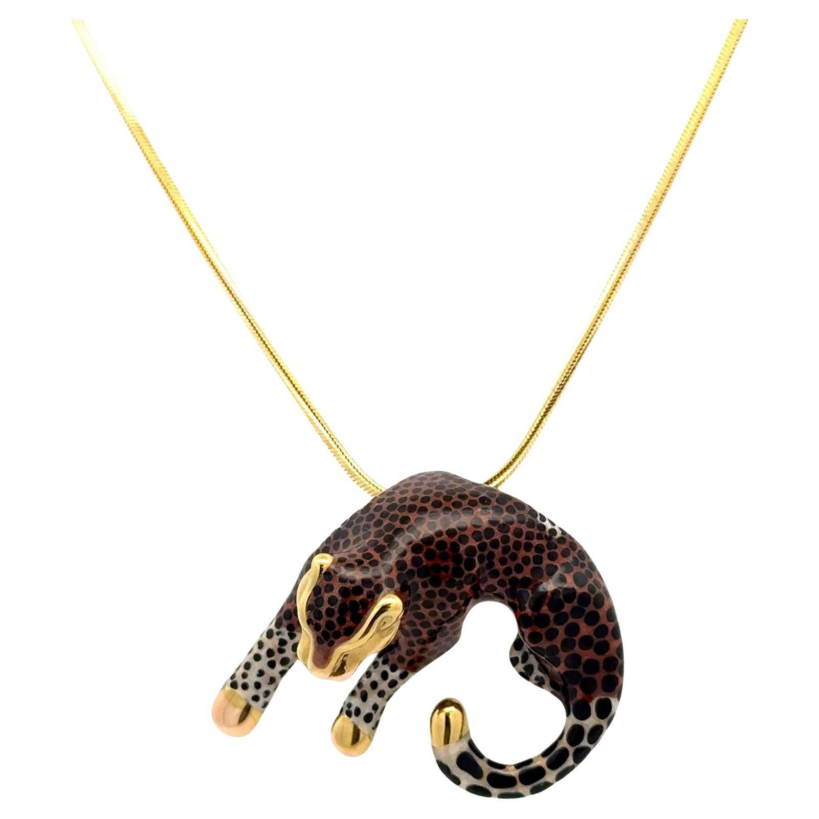 Brown and Black Enamel 14 Karat Yellow Gold Leopard Pendant Snake Chain For Sale