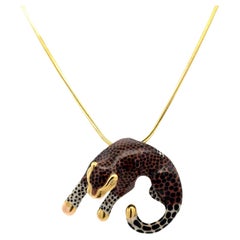 Brown and Black Enamel 14 Karat Yellow Gold Leopard Pendant Snake Chain