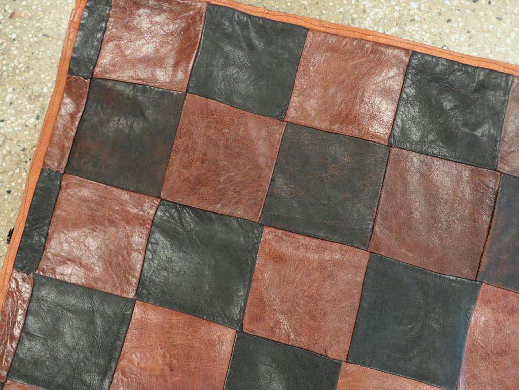 Mid-Century Modern Brown and Black Italian Leather Checkerboard Rug For Sale