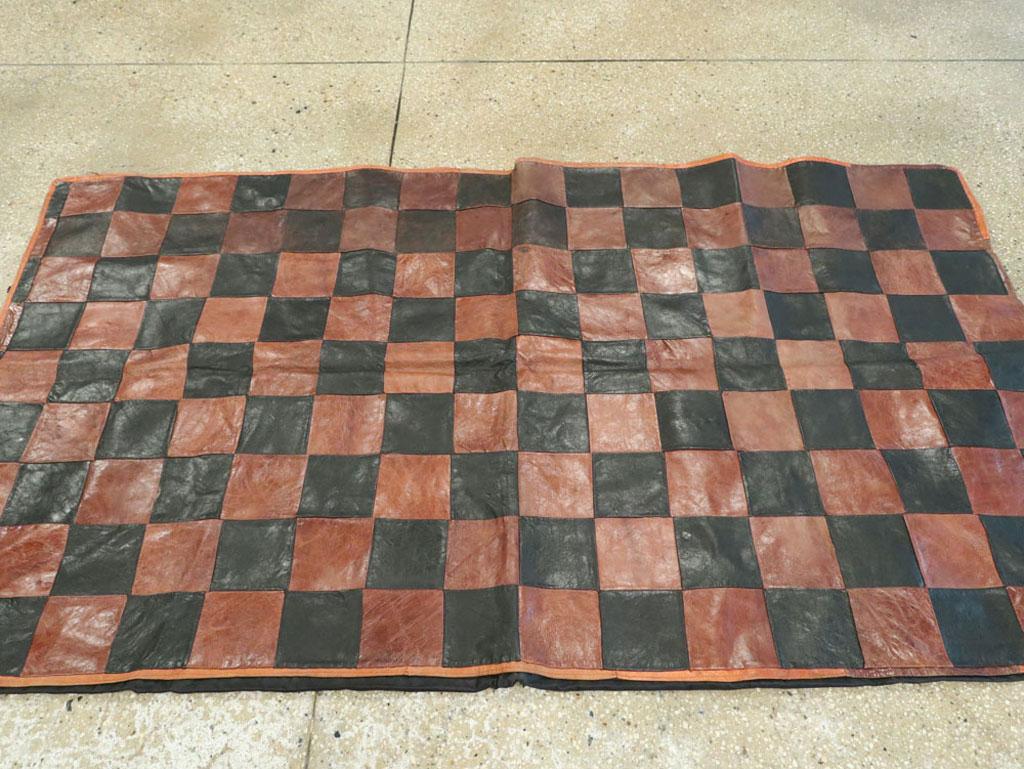 Hand-Woven Brown and Black Italian Leather Checkerboard Rug For Sale