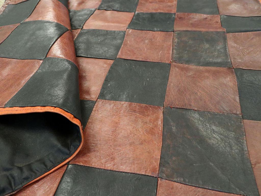 Brown and Black Italian Leather Checkerboard Rug In Good Condition For Sale In New York, NY