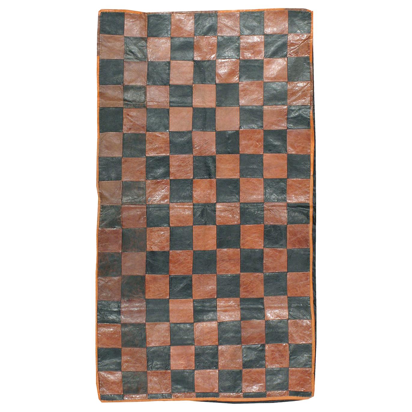Brown and Black Italian Leather Checkerboard Rug For Sale
