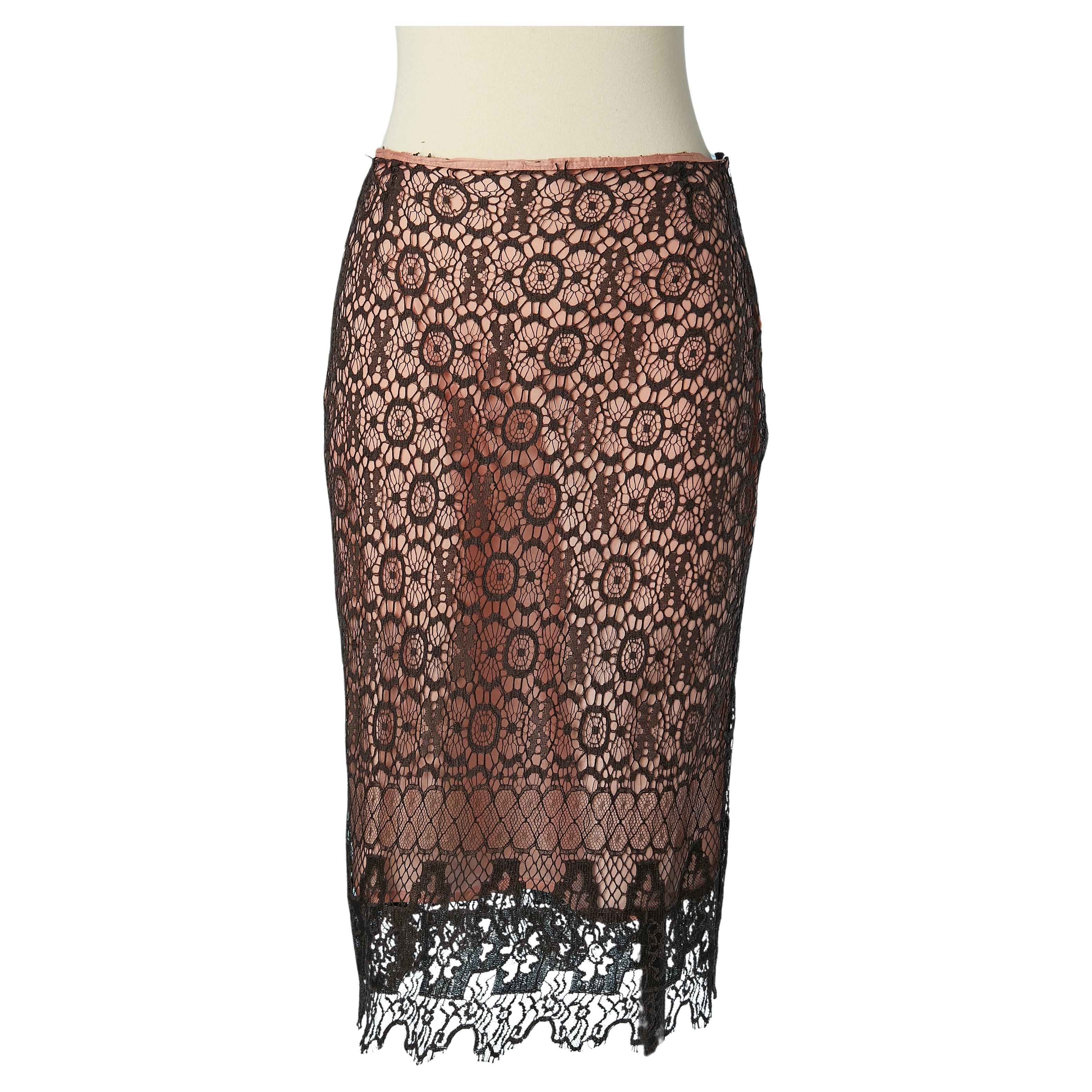 Brown and black lace skirt with pale pink lining Christian Lacroix BAZAR For Sale