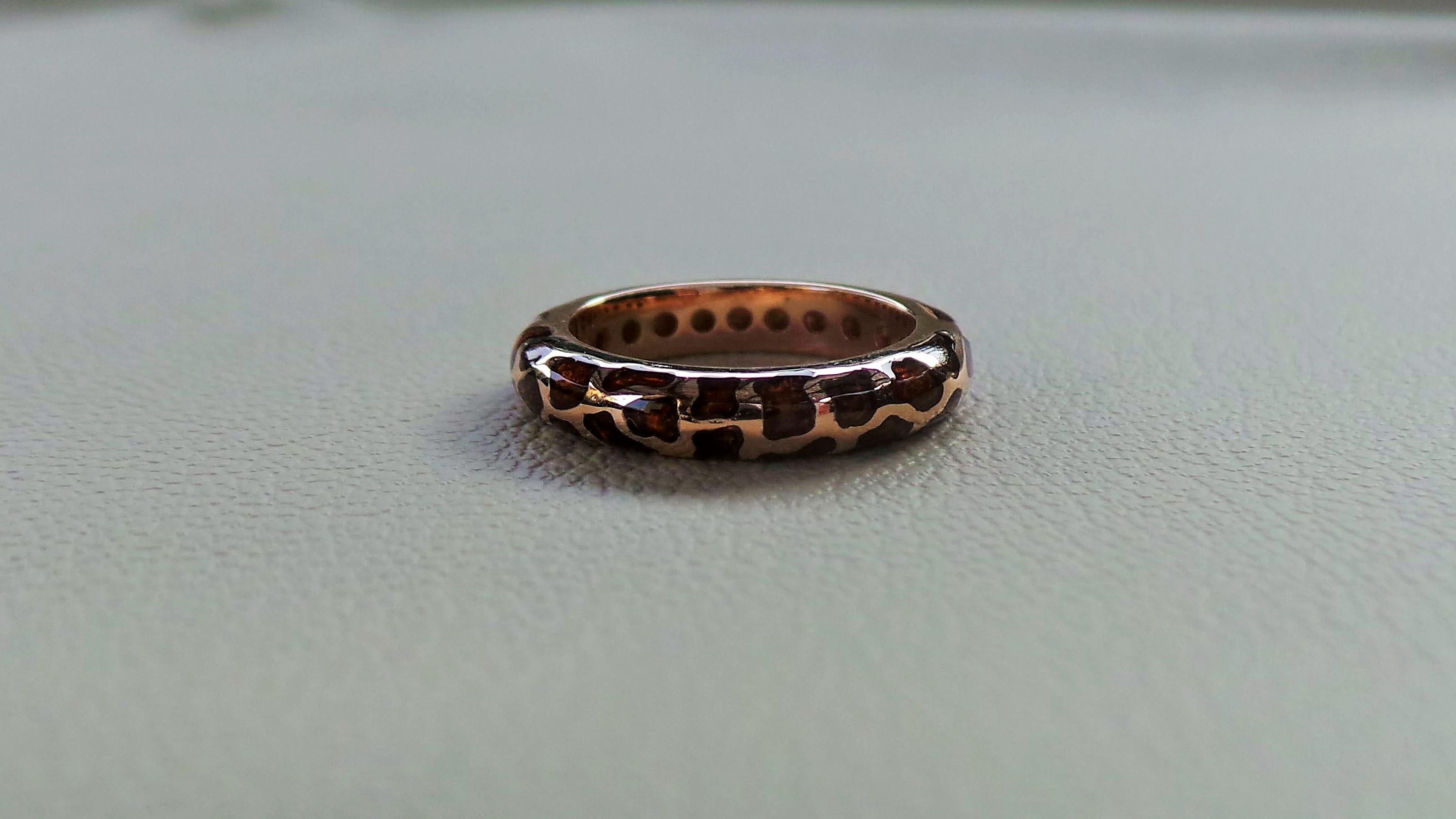 Contemporary Brown and Black Leopard Enameled Stackable Rose Gold Cocktail Ring For Sale