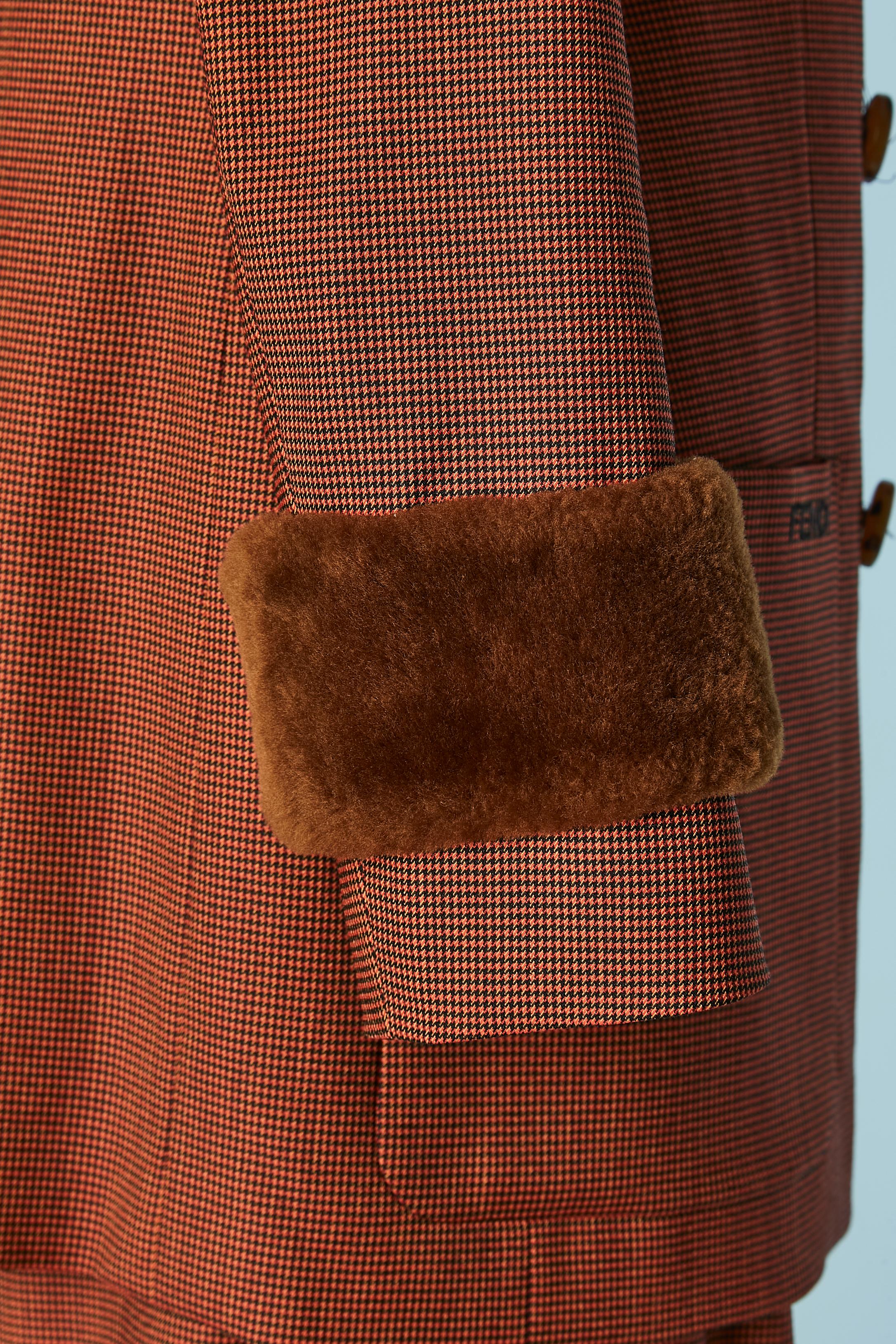 Brown and black mini Pied de poule pattern trouser-suit with fur cuffs FENDI  For Sale 1