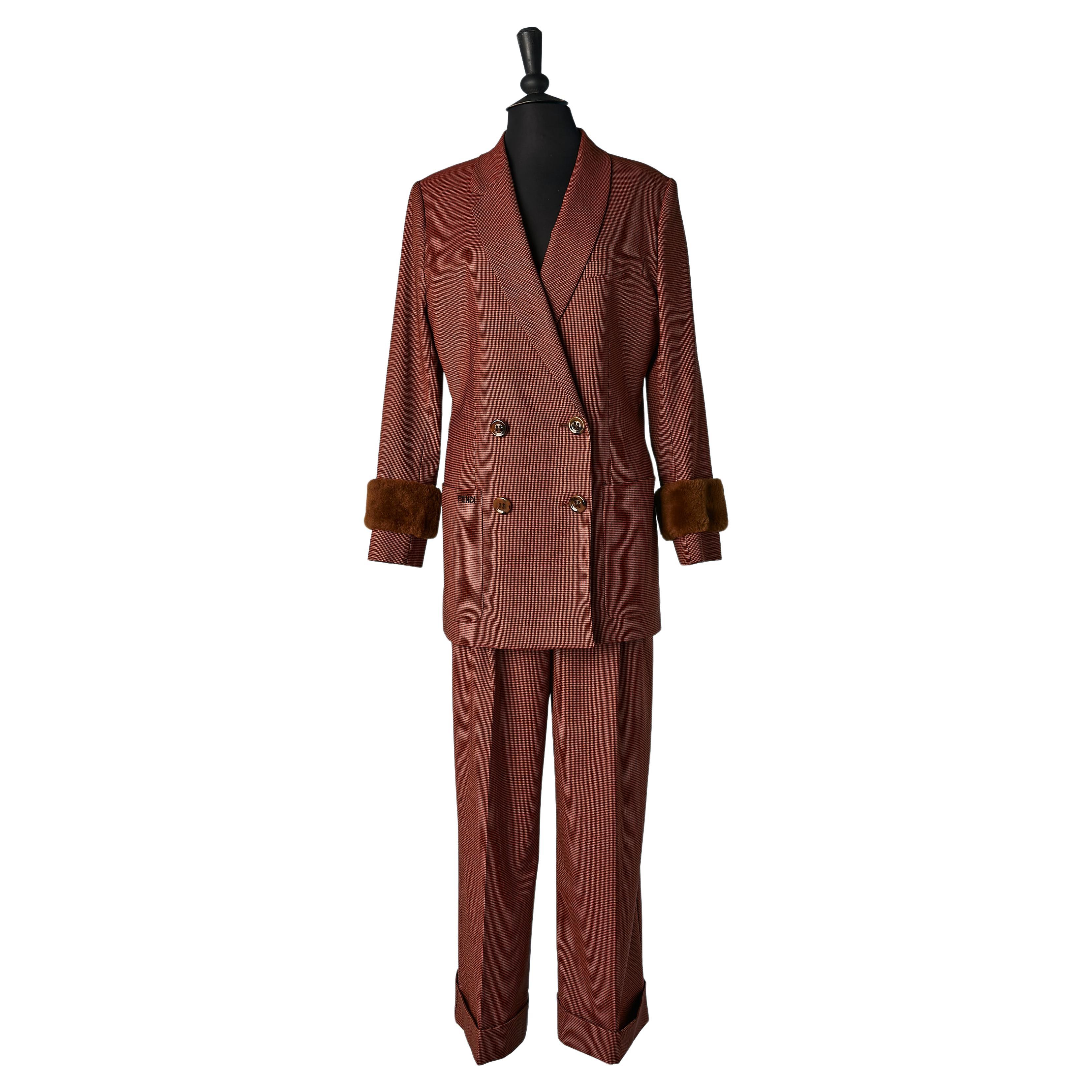 Brown and black mini Pied de poule pattern trouser-suit with fur cuffs FENDI  For Sale