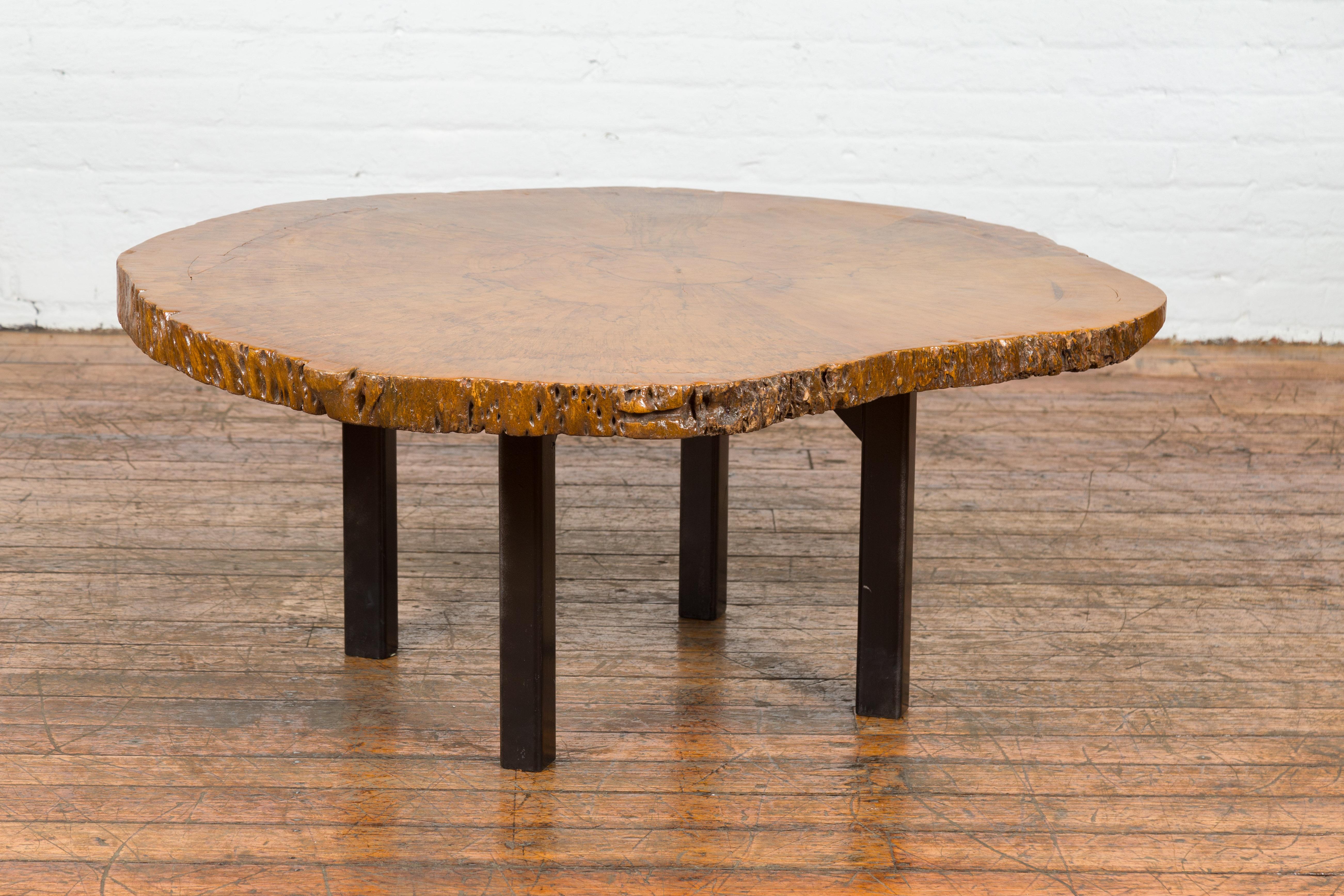 Brown and Black Organic Old Root Tree Slice Table with Straight Wooden Legs For Sale 5