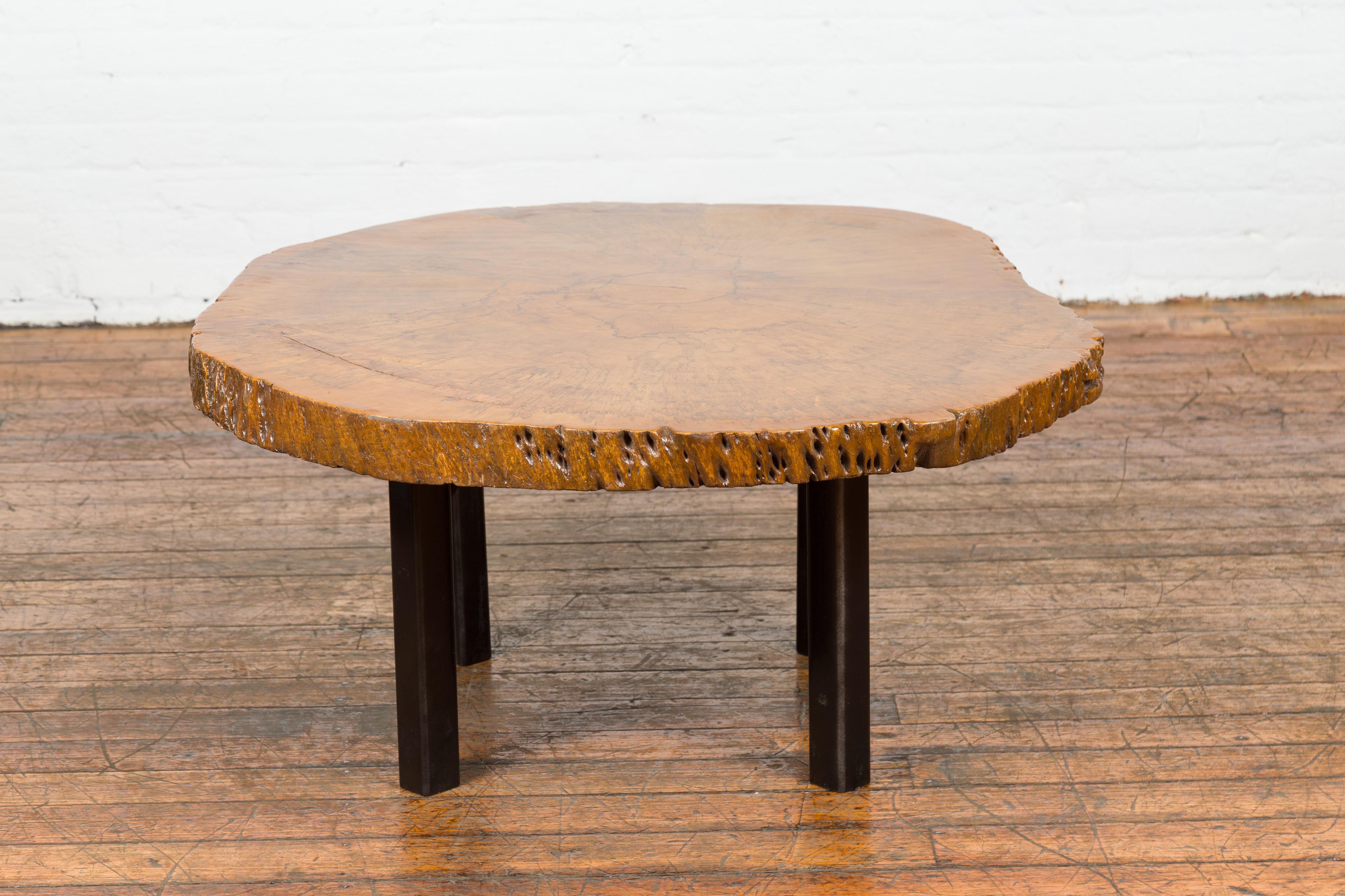 Brown and Black Organic Old Root Tree Slice Table with Straight Wooden Legs For Sale 6