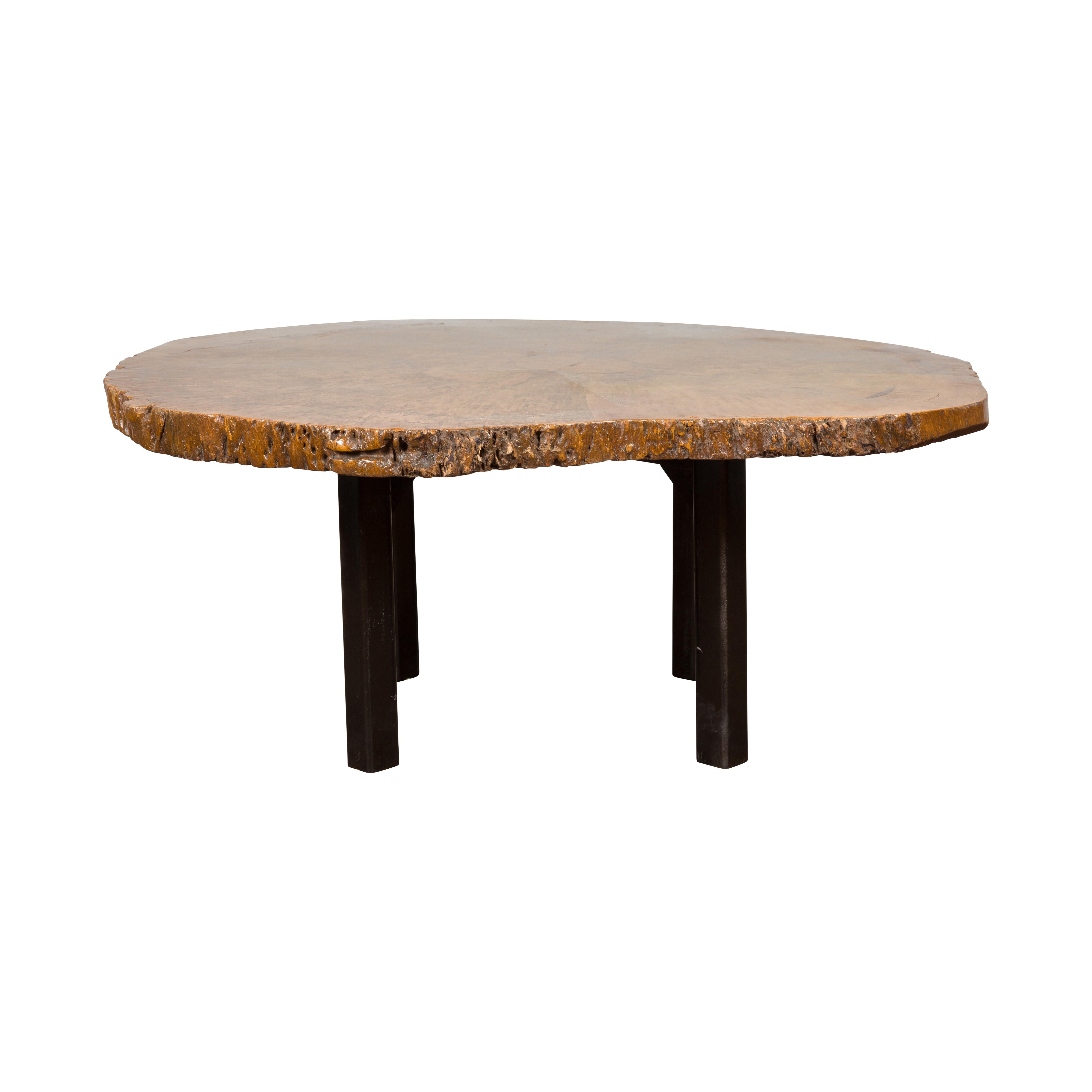 Brown and Black Organic Old Root Tree Slice Table with Straight Wooden Legs For Sale 9
