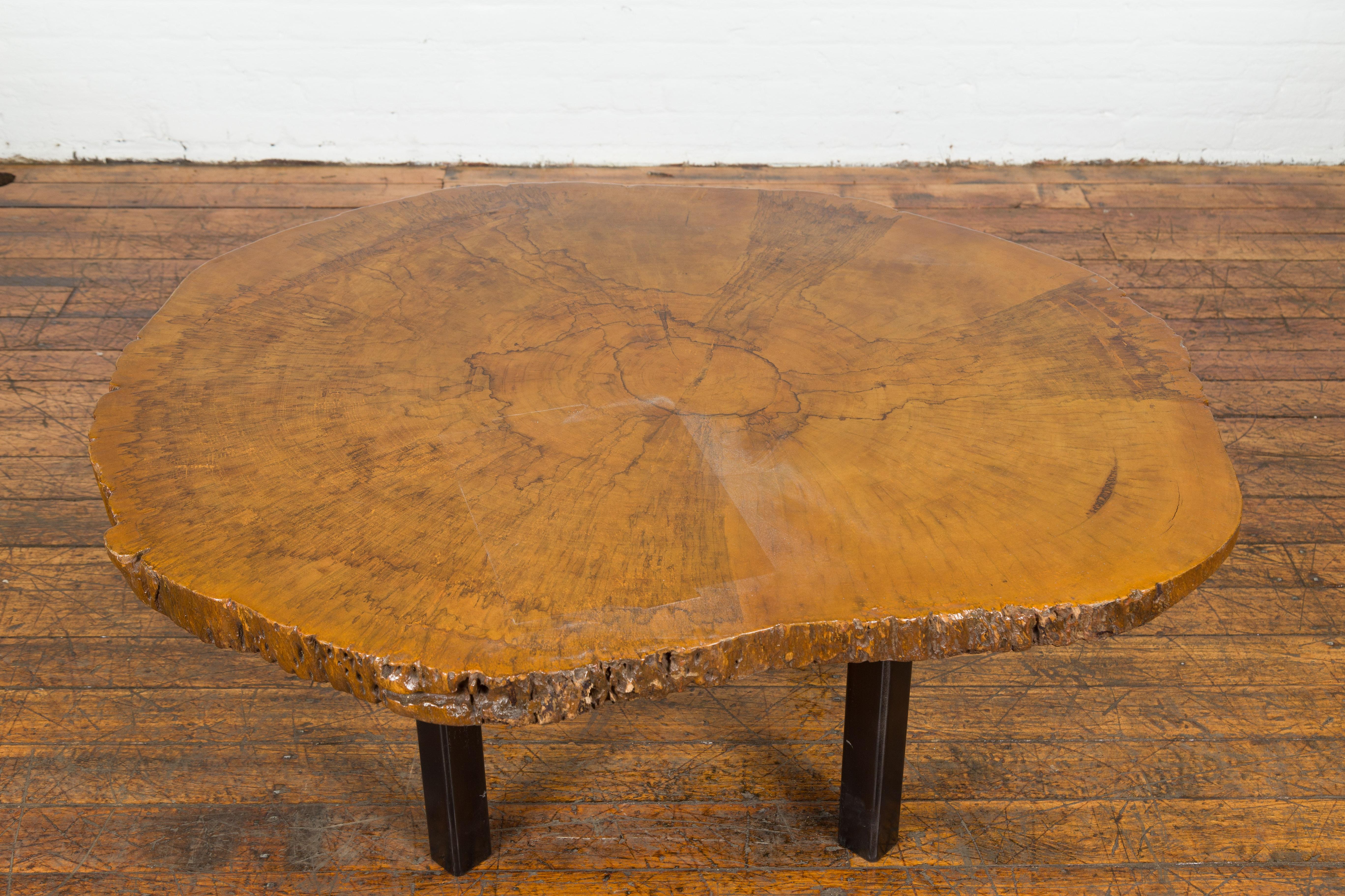 Indonesian Brown and Black Organic Old Root Tree Slice Table with Straight Wooden Legs For Sale