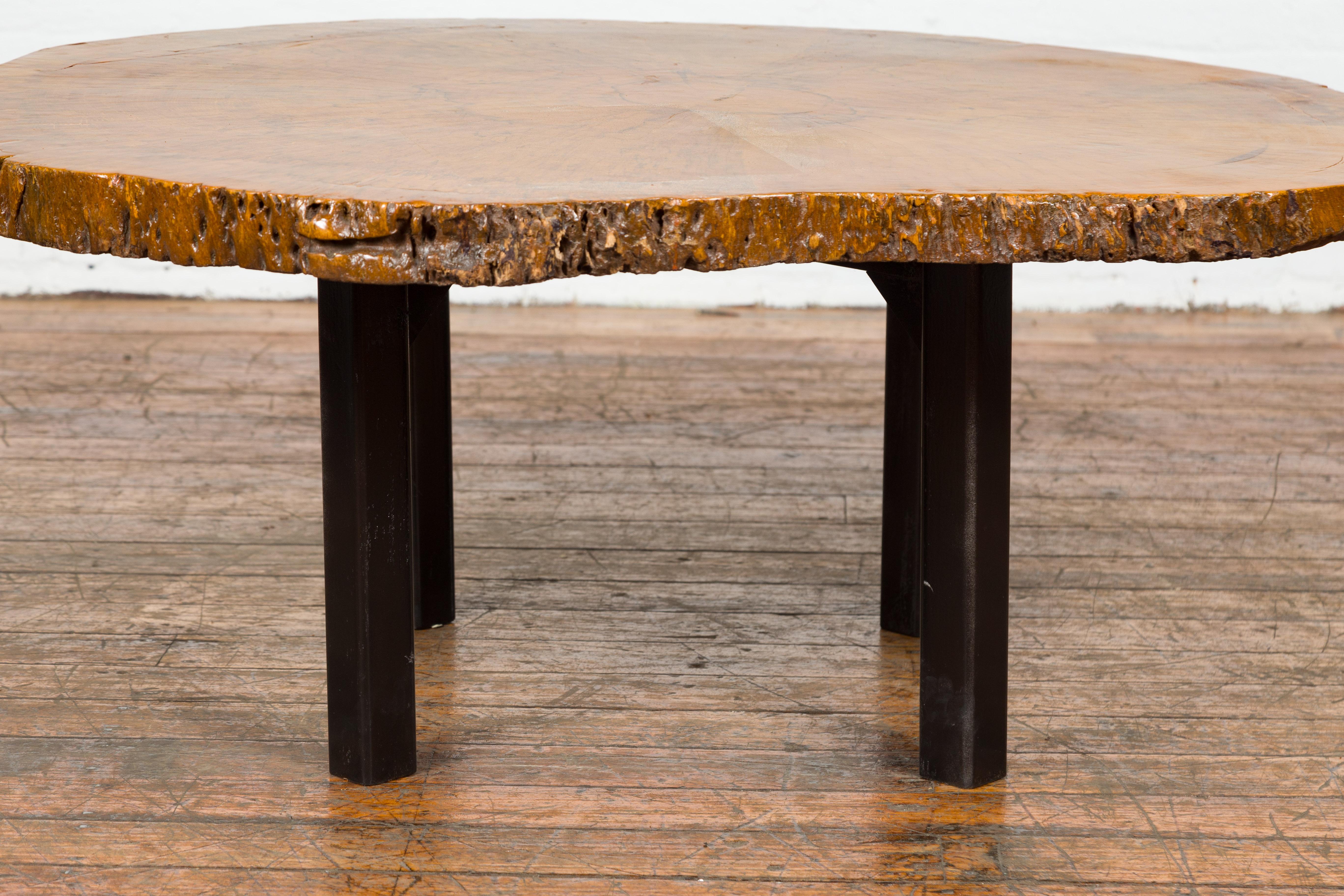 Brown and Black Organic Old Root Tree Slice Table with Straight Wooden Legs For Sale 2