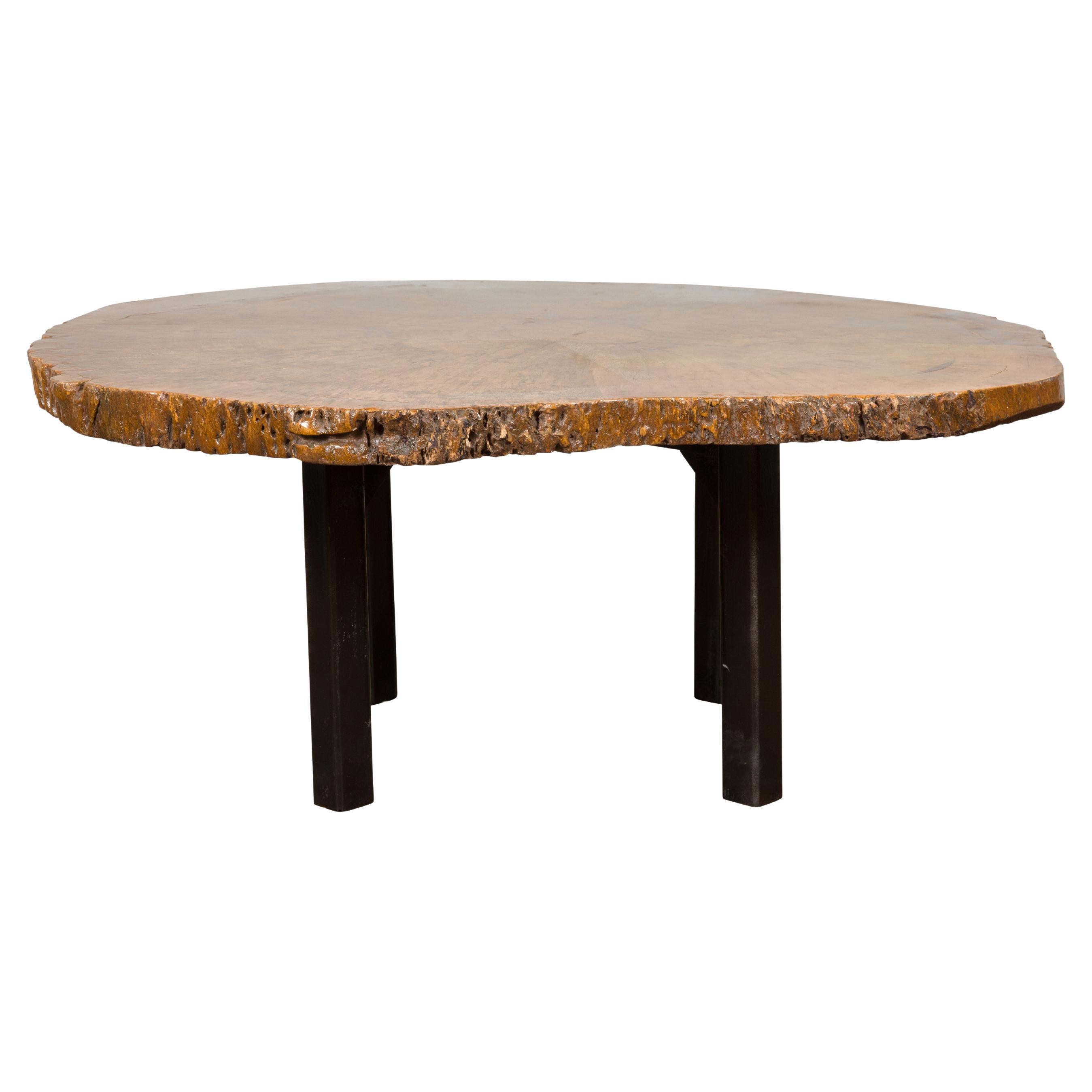 Brown and Black Organic Old Root Tree Slice Table with Straight Wooden Legs For Sale