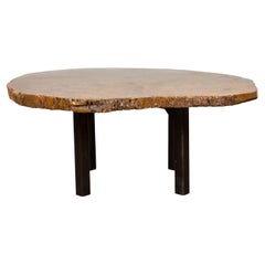 Vintage Brown and Black Organic Old Root Tree Slice Table with Straight Wooden Legs
