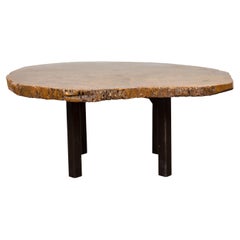 Brown and Black Organic Old Root Tree Slice Table with Straight Wooden Legs