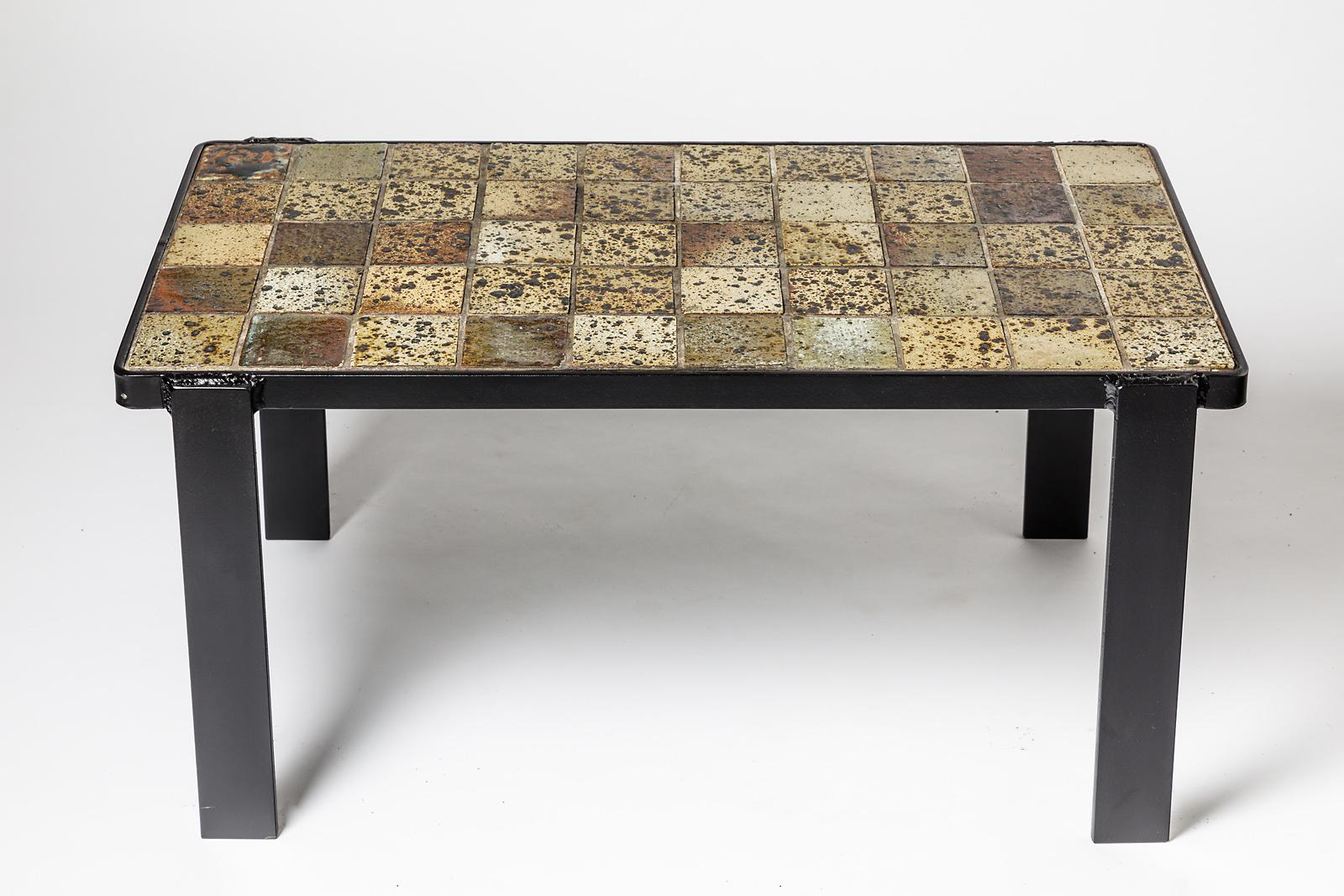 Mid-Century Modern Table basse en céramique marron et noire de grès pour table basse ou canapé, vers 1970 en vente