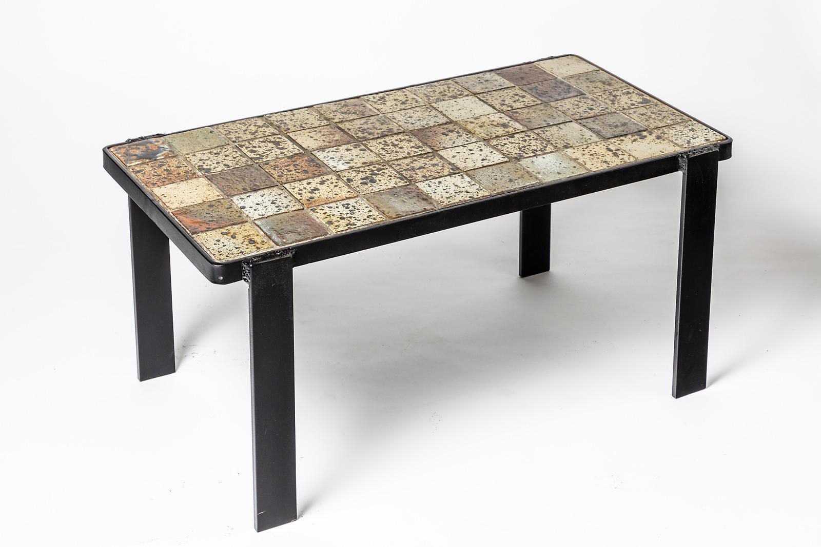 20ième siècle Table basse en céramique marron et noire de grès pour table basse ou canapé, vers 1970 en vente