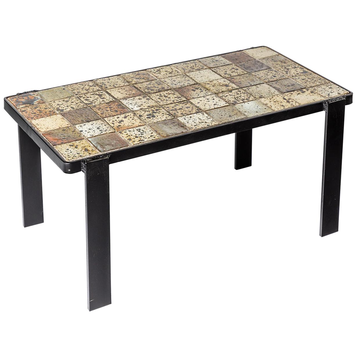 Table basse en céramique marron et noire de grès pour table basse ou canapé, vers 1970 en vente