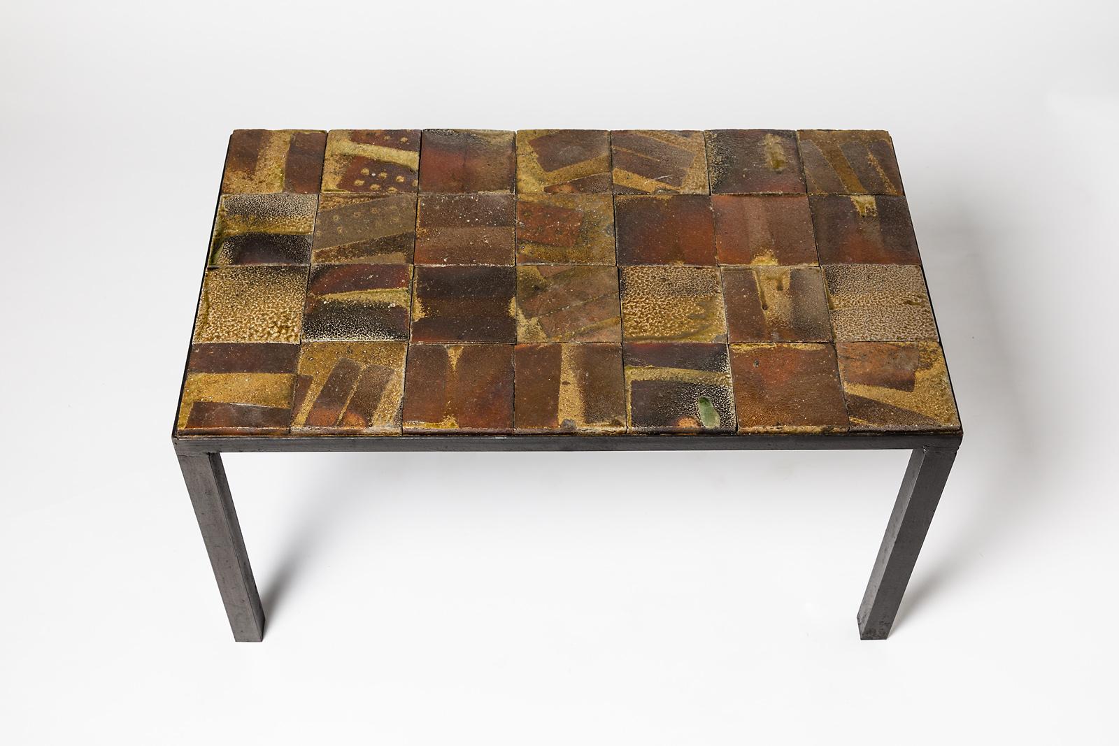Mid-Century Modern Brown and Black Stoneware Ceramic Low Sofa Table by Jean Linard La Borne, 1975