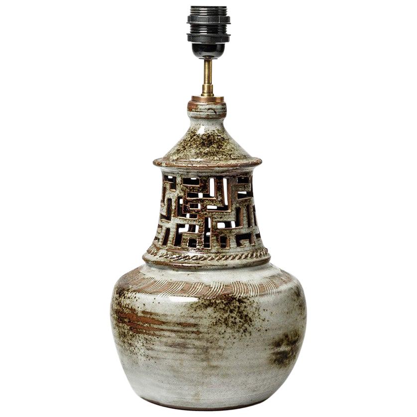 Keramik-Tischlampe aus Steingut in Braun und Schwarz, Französisch 1960 von Perrot