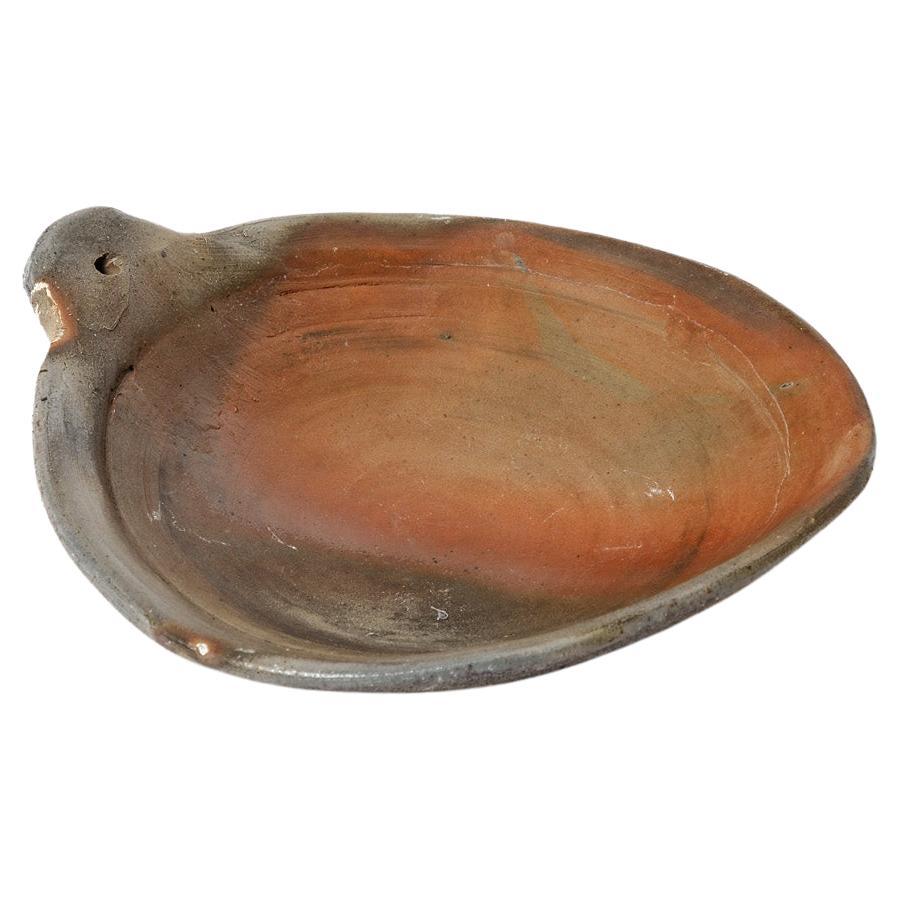 Dekorative Schale oder Teller aus Steingut, La Borne, Keramik mit Holzfurnier in Braun und Schwarz