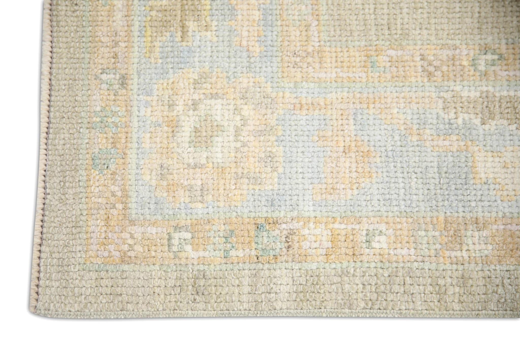 Modern Brown and Blue Floral Design Handwoven Wool Turkish Oushak Rug 3' x 5'5