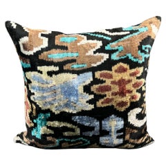 Brown and Blue Velvet Silk Ikat Pillow Cover