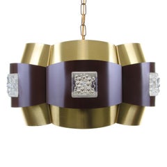 Brown and Brass Ceiling Light, 1970s, Beautiful Large Hanging Lamp with Prisms