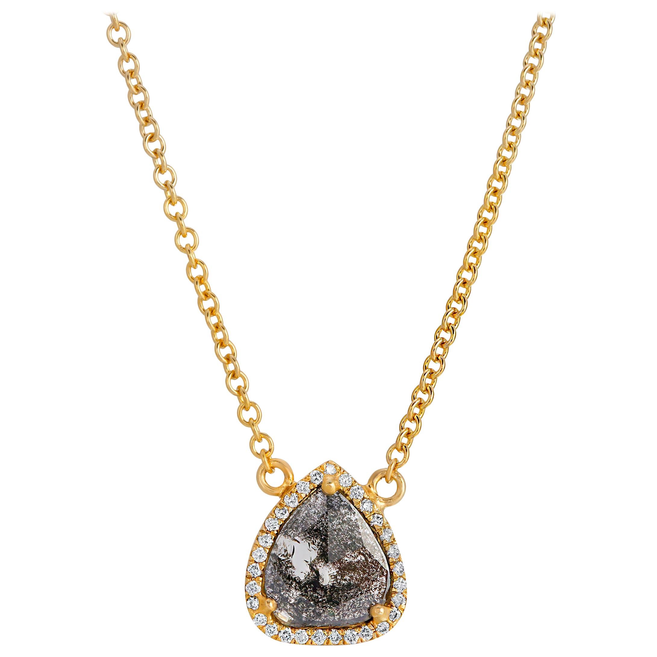 Amber Diamond Slice Drop Pendant with Diamond Pave Halo in 18k Yellow ...