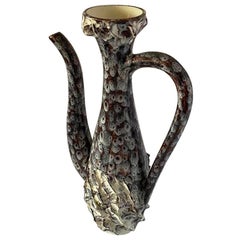 Retro Brown and Cream Decorative Handled Textured Pitcher, France, Midcentury