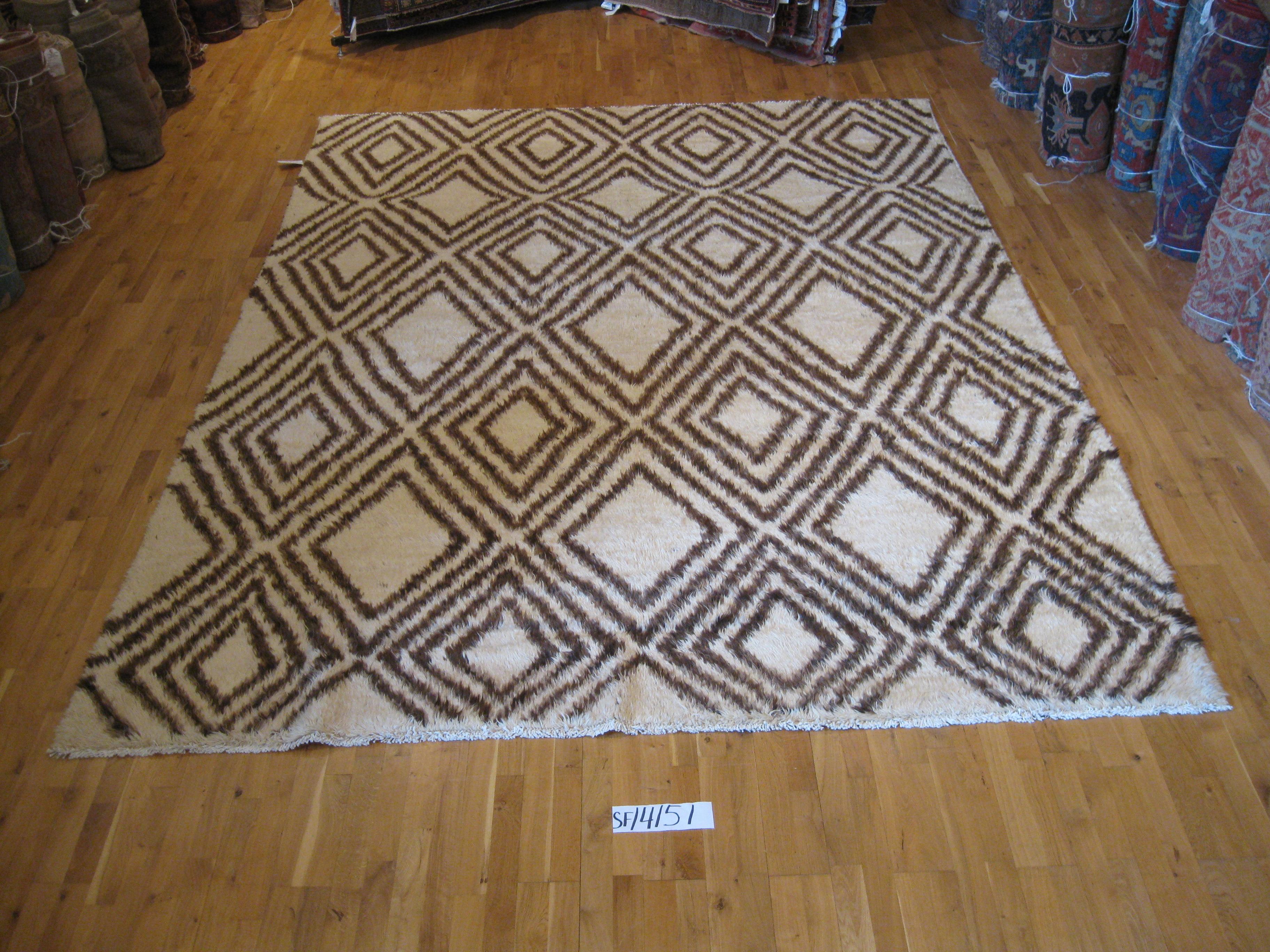 Hand-Knotted Brown and Cream Diamonds Moroccan Area Rug