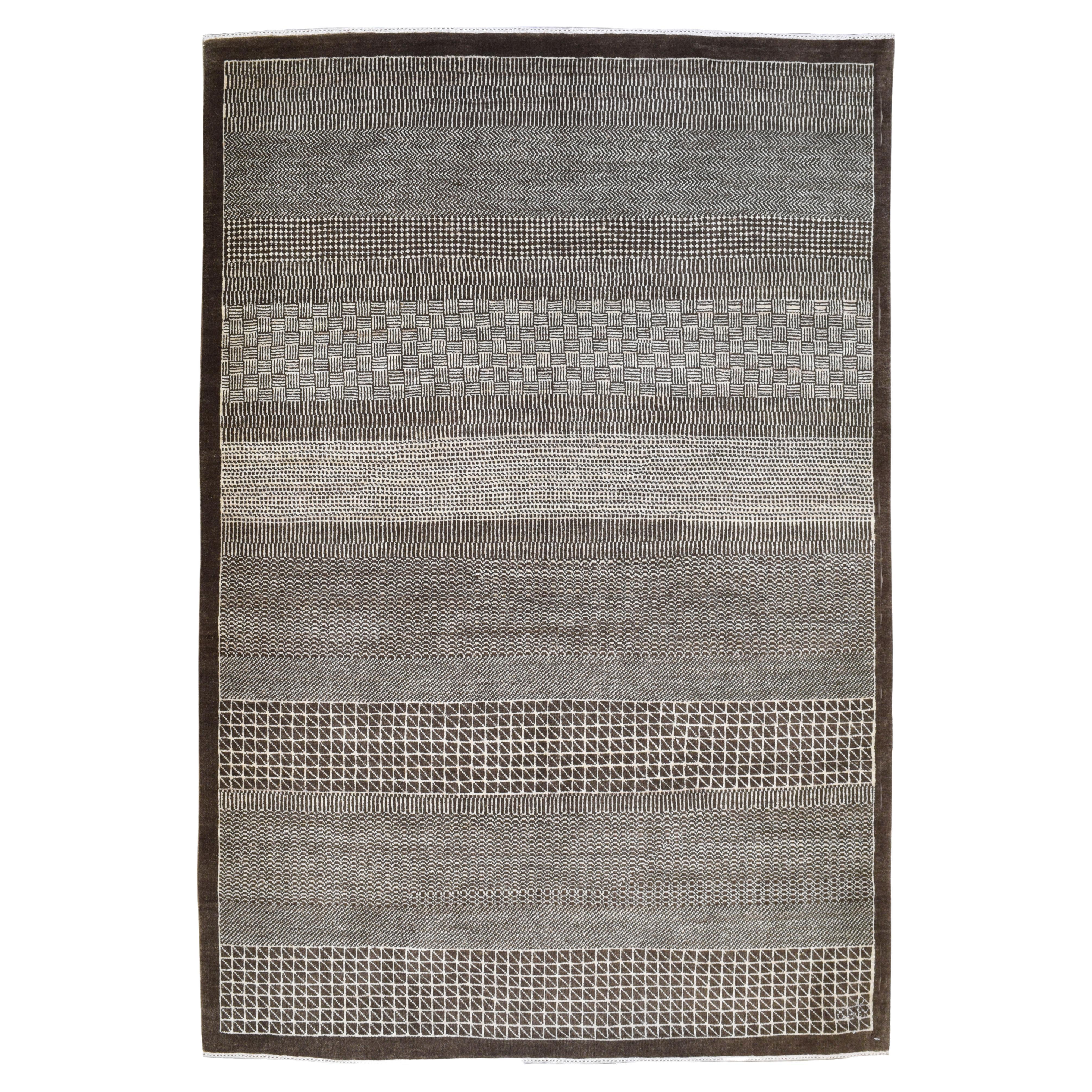 Brown and Cream Modern Architectural Area Rug, Wool, 5 x 7 For Sale