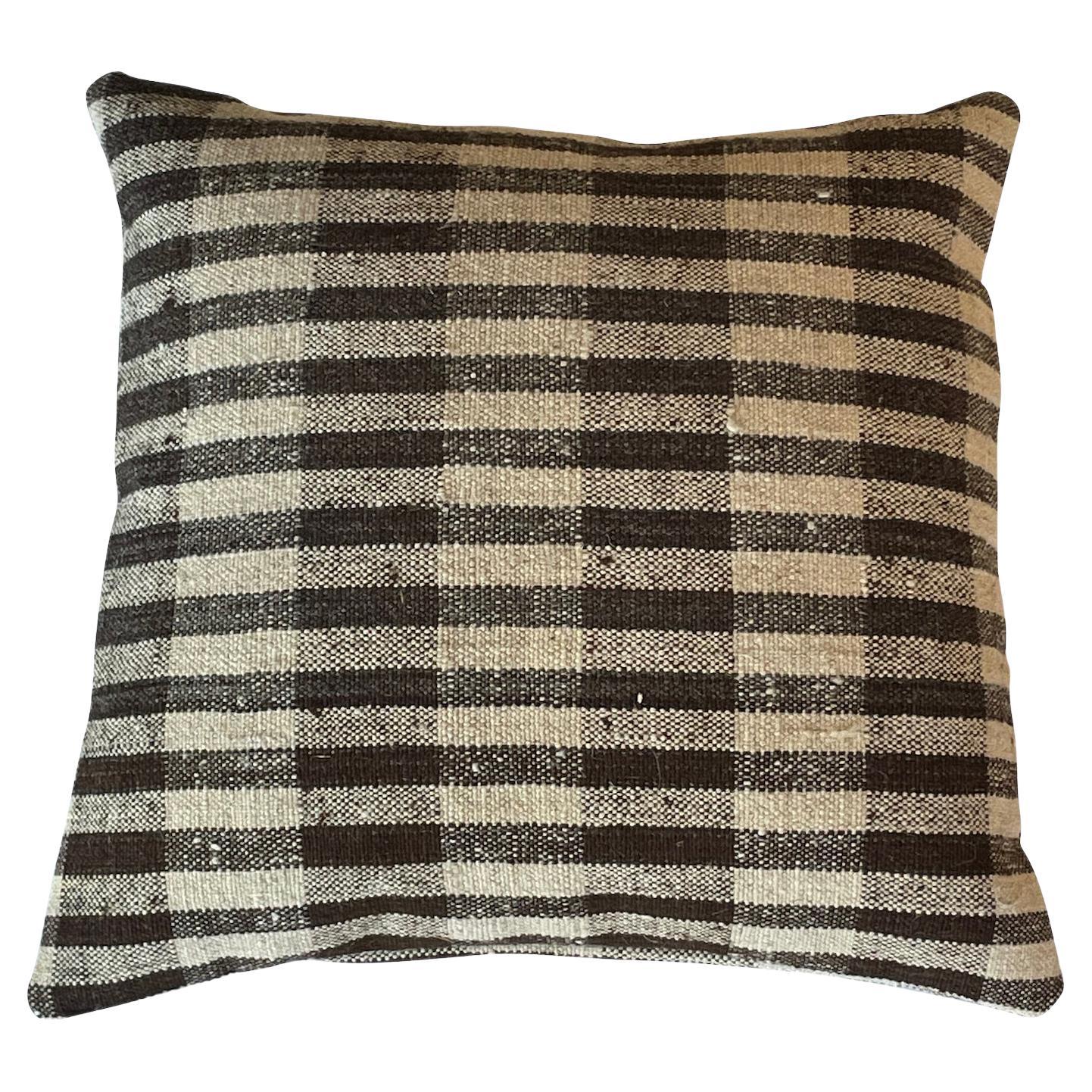 Brown and Cream Stripe Hand Woven Pillow, Portugal, Contemporary For Sale