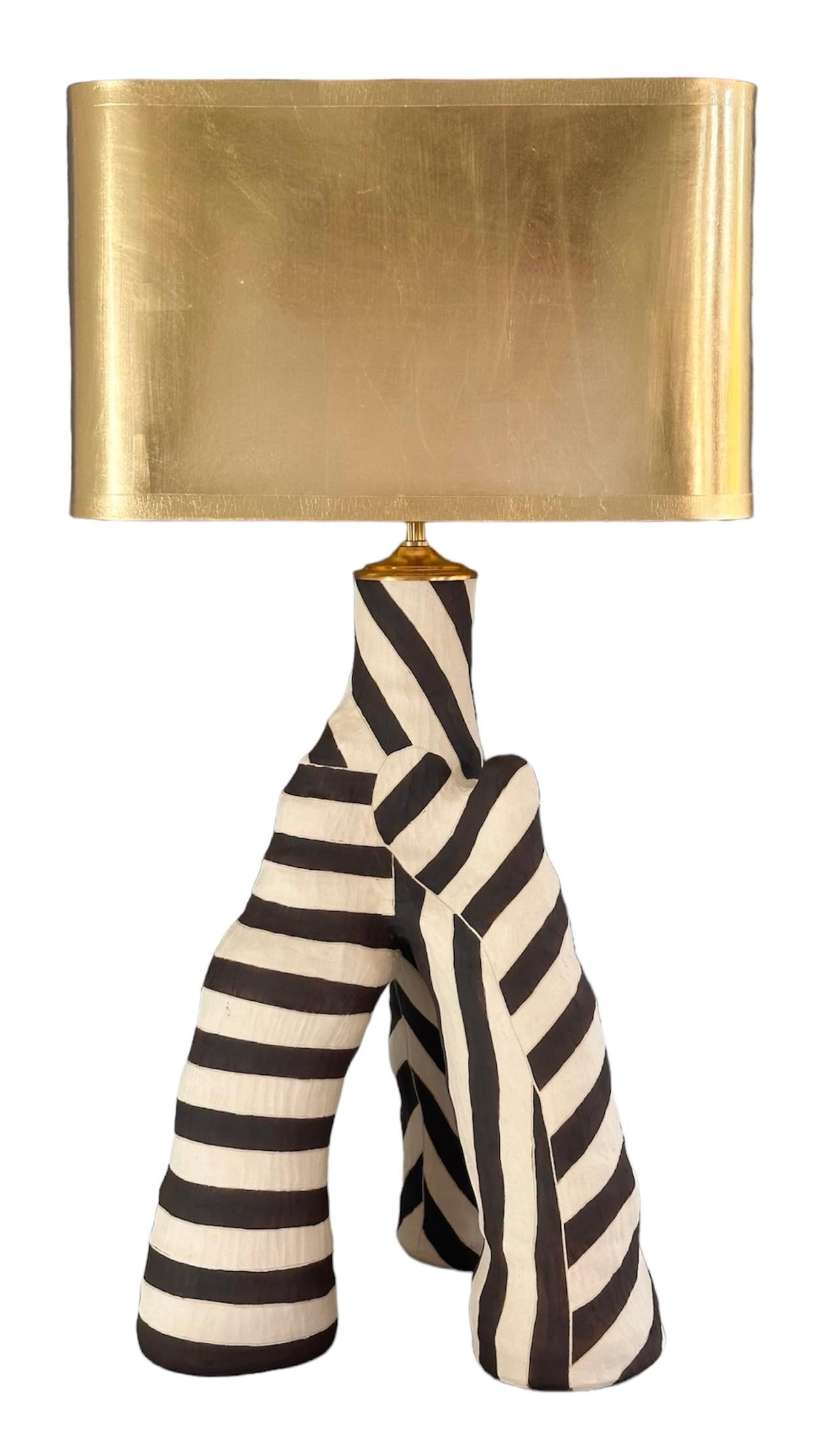 Hand-Carved Brown and cream striped sculptural ceramic lamp  For Sale