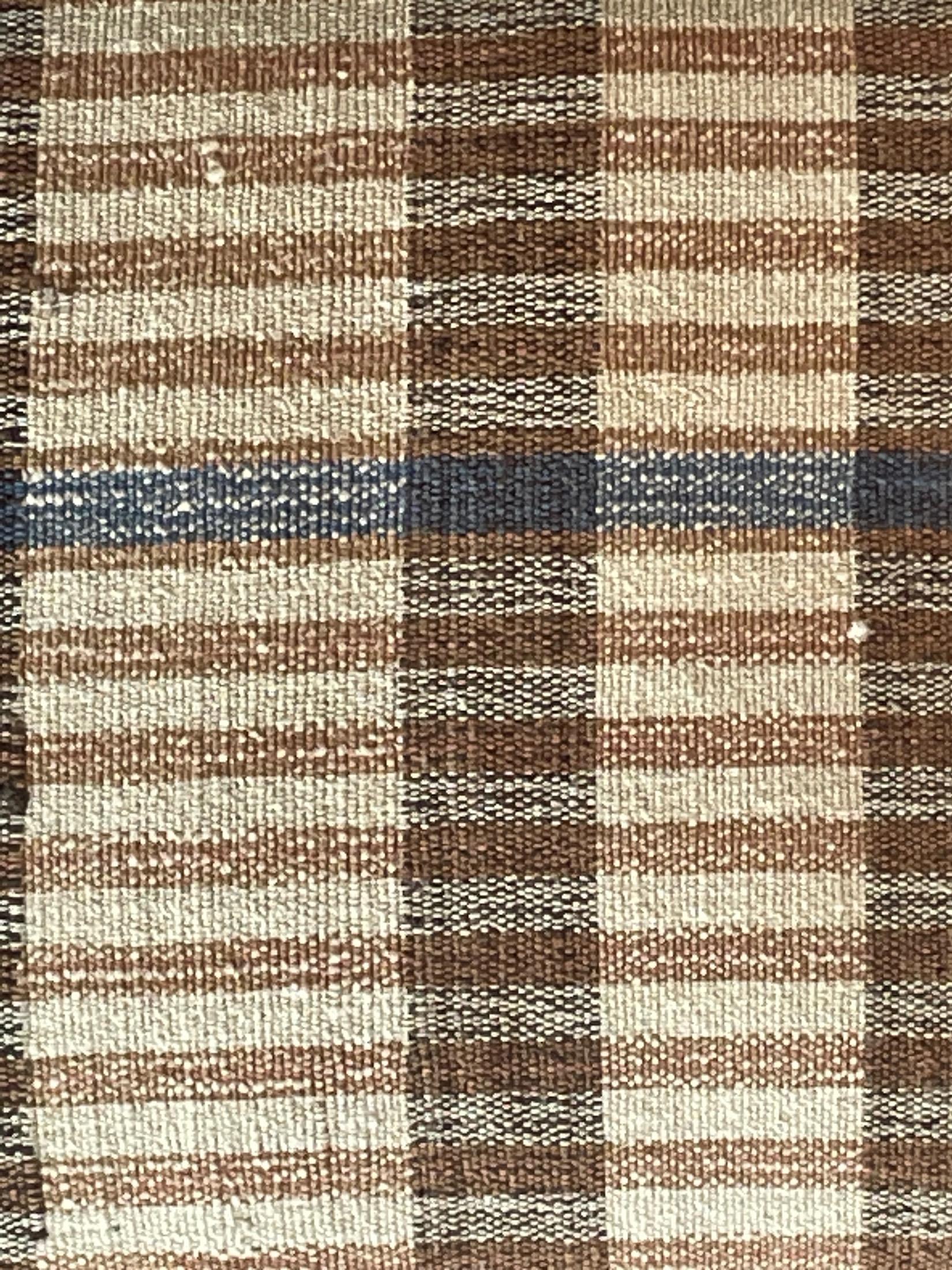 Midcentury Portuguese pillow made from handwoven fabric used originally as flour sacks.
New down and feather insert.
Brown and cream stripes with a thin blue center band.