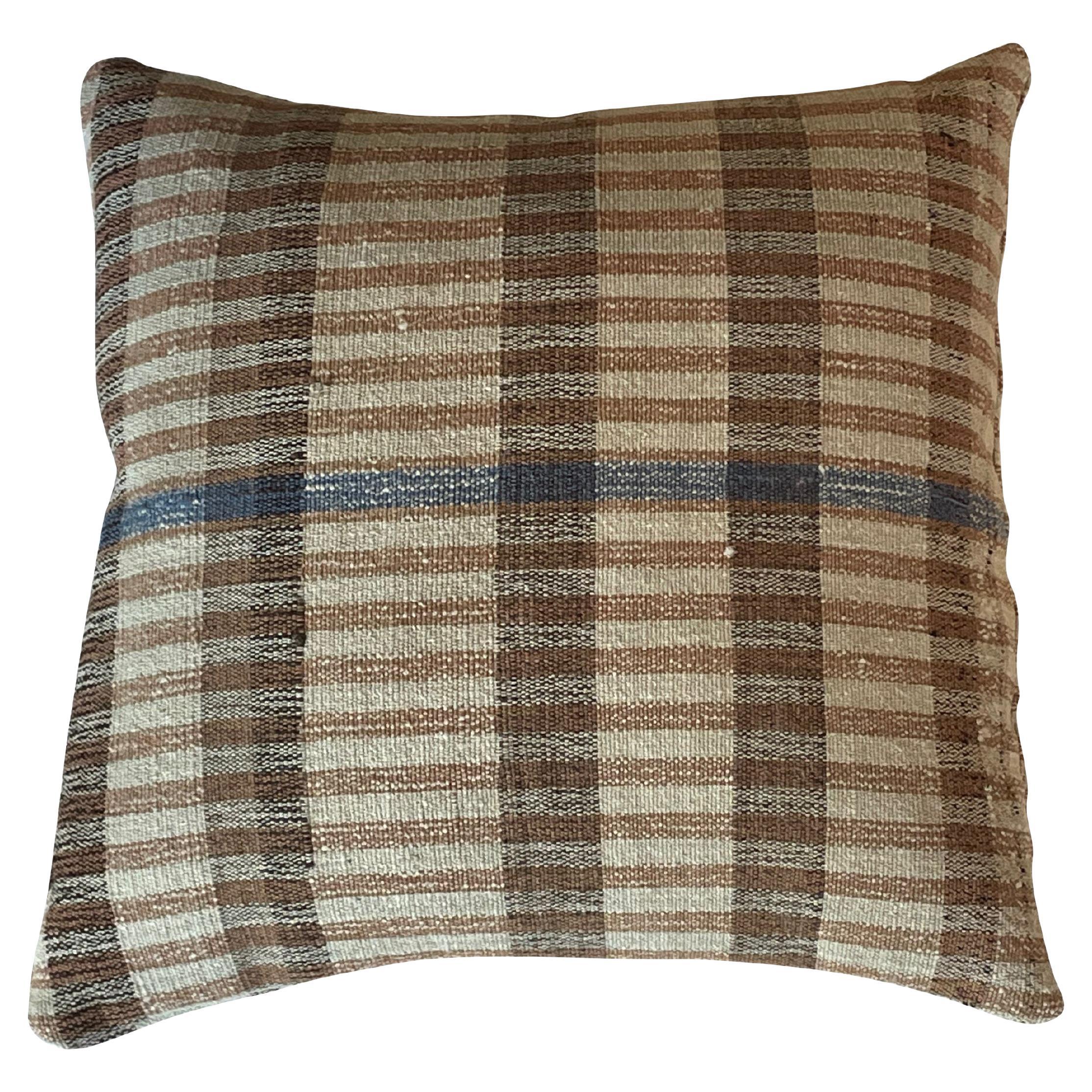 Brown and Cream Stripes with Blue Band Hand Woven Pillow, Portugal, Contemporary For Sale