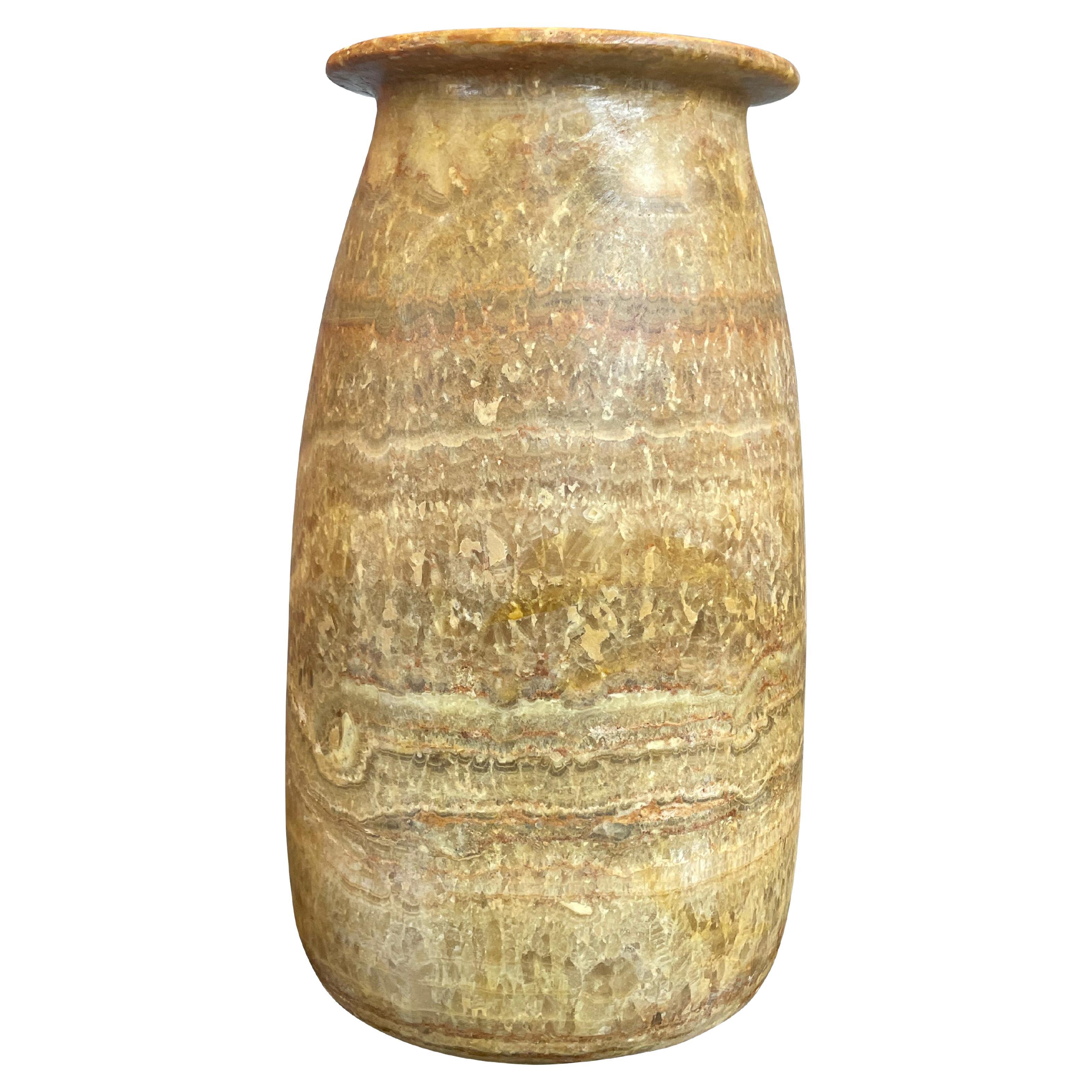 Brown And Cream Tall Bottle Shape Alabaster Vase, Egypt, Contemporary